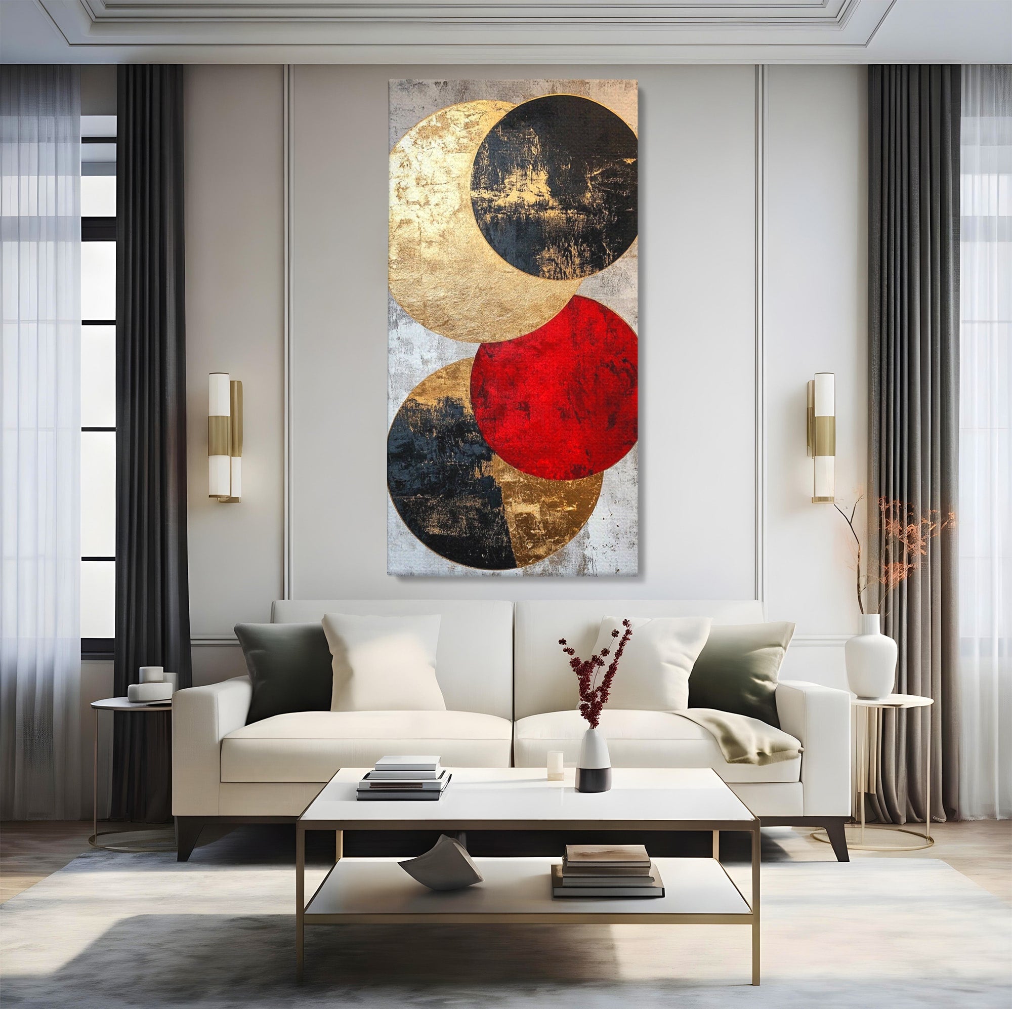 Tablou Canvas Premium LuxCanva® PI1179, Cercuri Abstracte Metalice, Rosu, Cercuri, Metal, Modern, Birou, Culori Vibrante