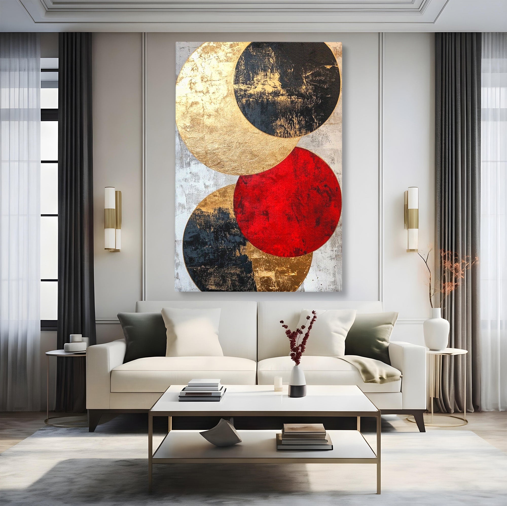 Tablou Canvas Premium LuxCanva® PI1179, Cercuri Abstracte Metalice, Rosu, Cercuri, Metal, Modern, Birou, Culori Vibrante