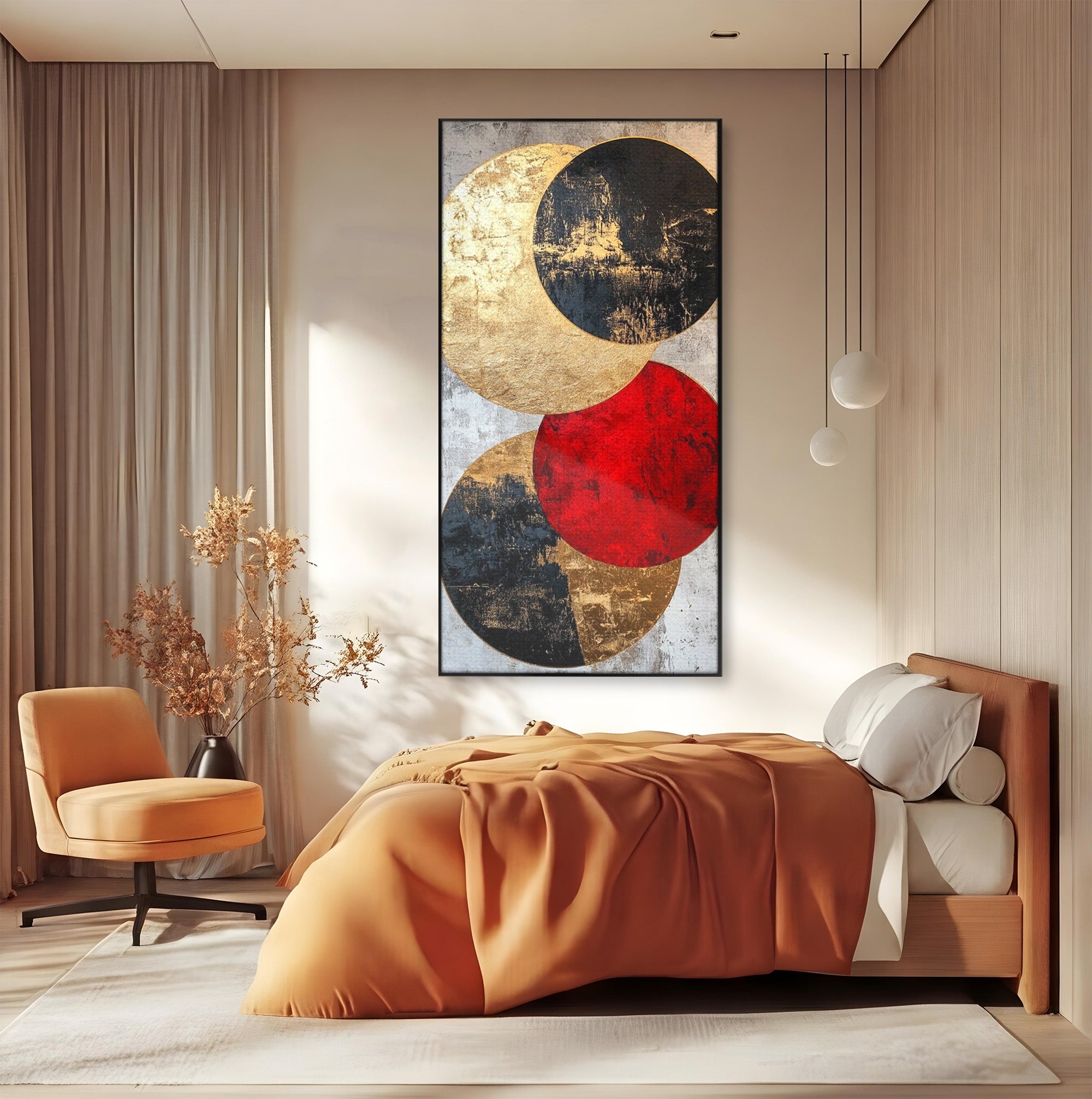 Tablou Canvas Premium LuxCanva® PI1179, Cercuri Abstracte Metalice, Rosu, Cercuri, Metal, Modern, Birou, Culori Vibrante
