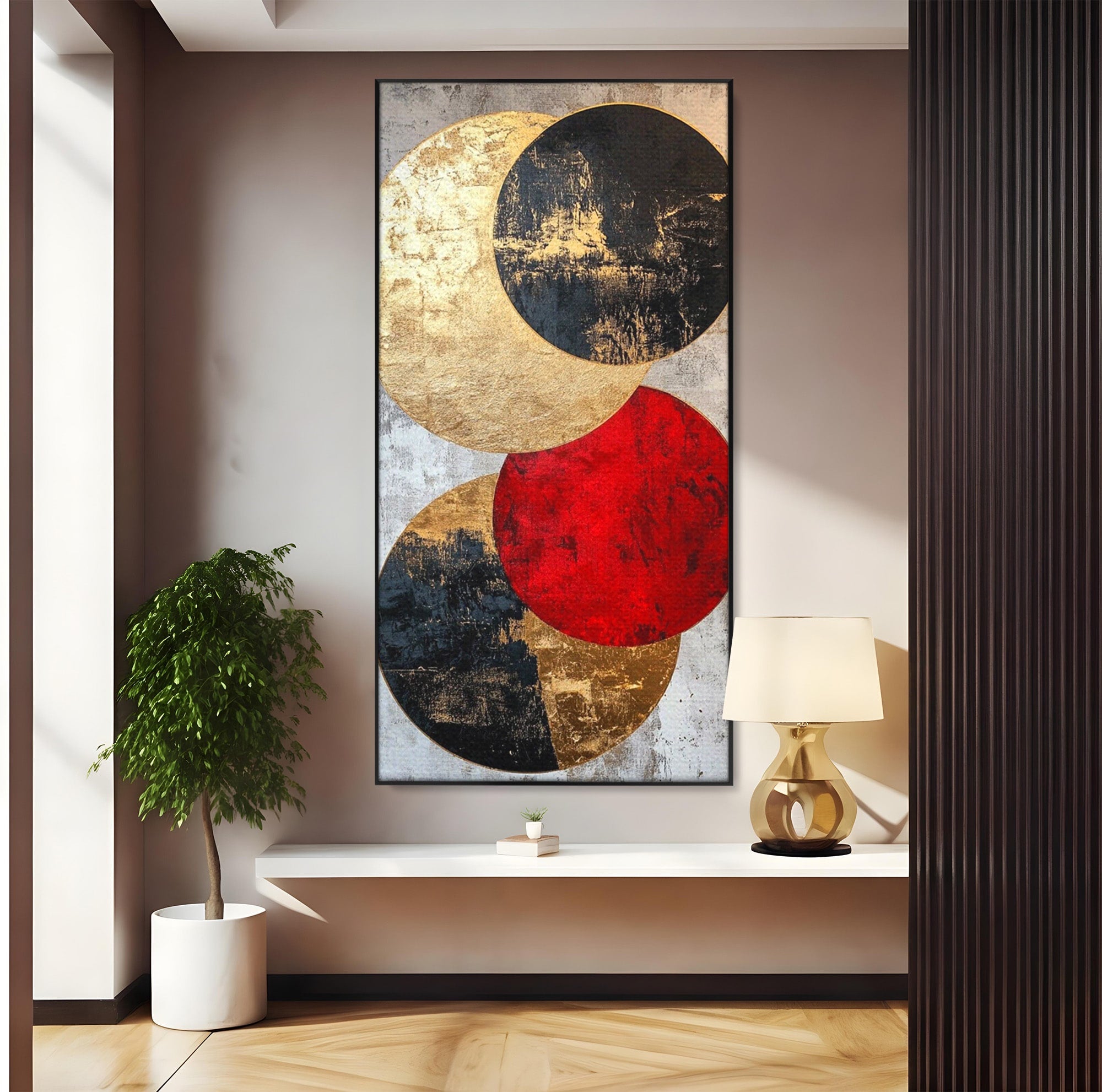 Tablou Canvas Premium LuxCanva® PI1179, Cercuri Abstracte Metalice, Rosu, Cercuri, Metal, Modern, Birou, Culori Vibrante