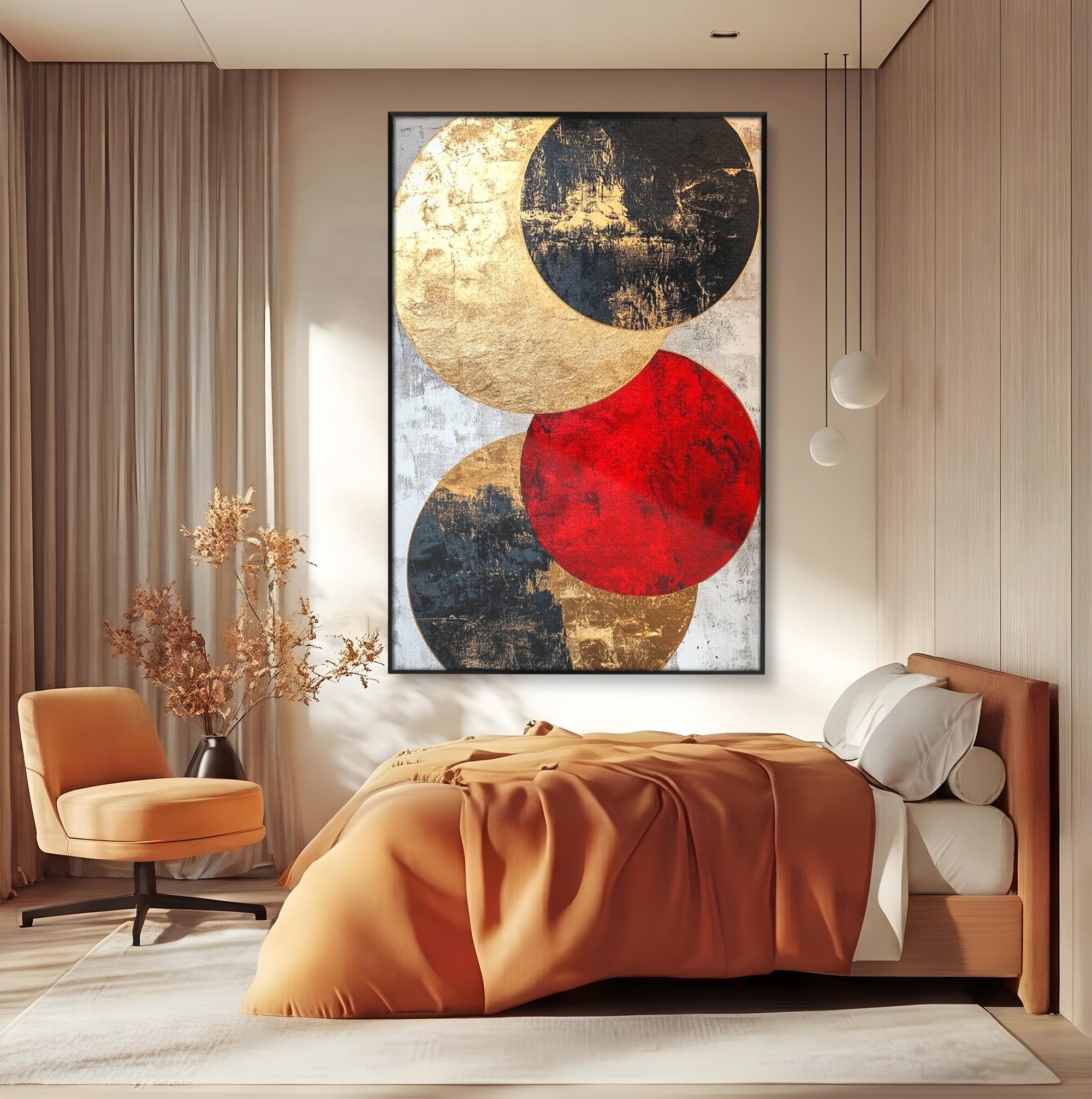 Tablou Canvas Premium LuxCanva® PI1179, Cercuri Abstracte Metalice, Rosu, Cercuri, Metal, Modern, Birou, Culori Vibrante