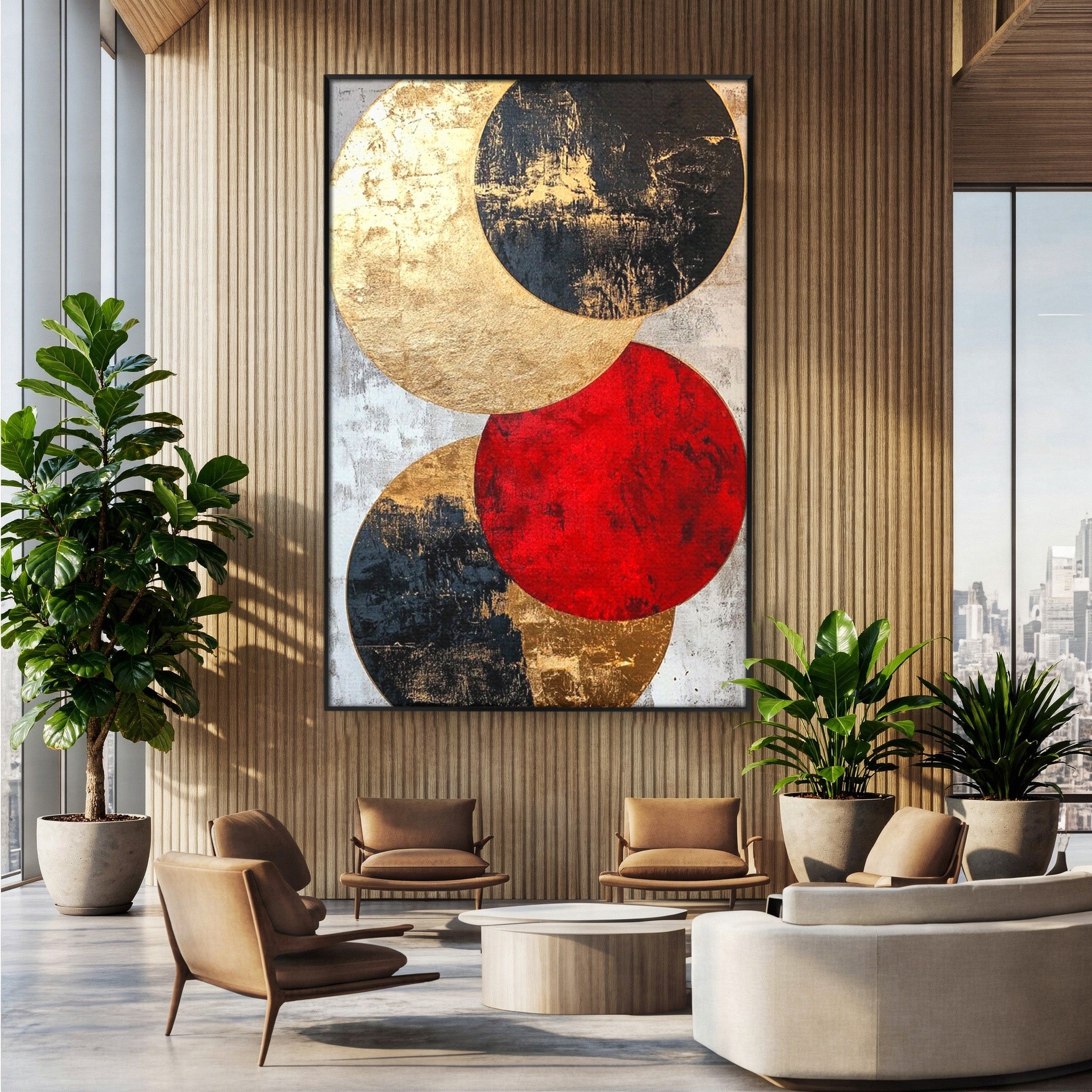 Tablou Canvas Premium LuxCanva® PI1179, Cercuri Abstracte Metalice, Rosu, Cercuri, Metal, Modern, Birou, Culori Vibrante