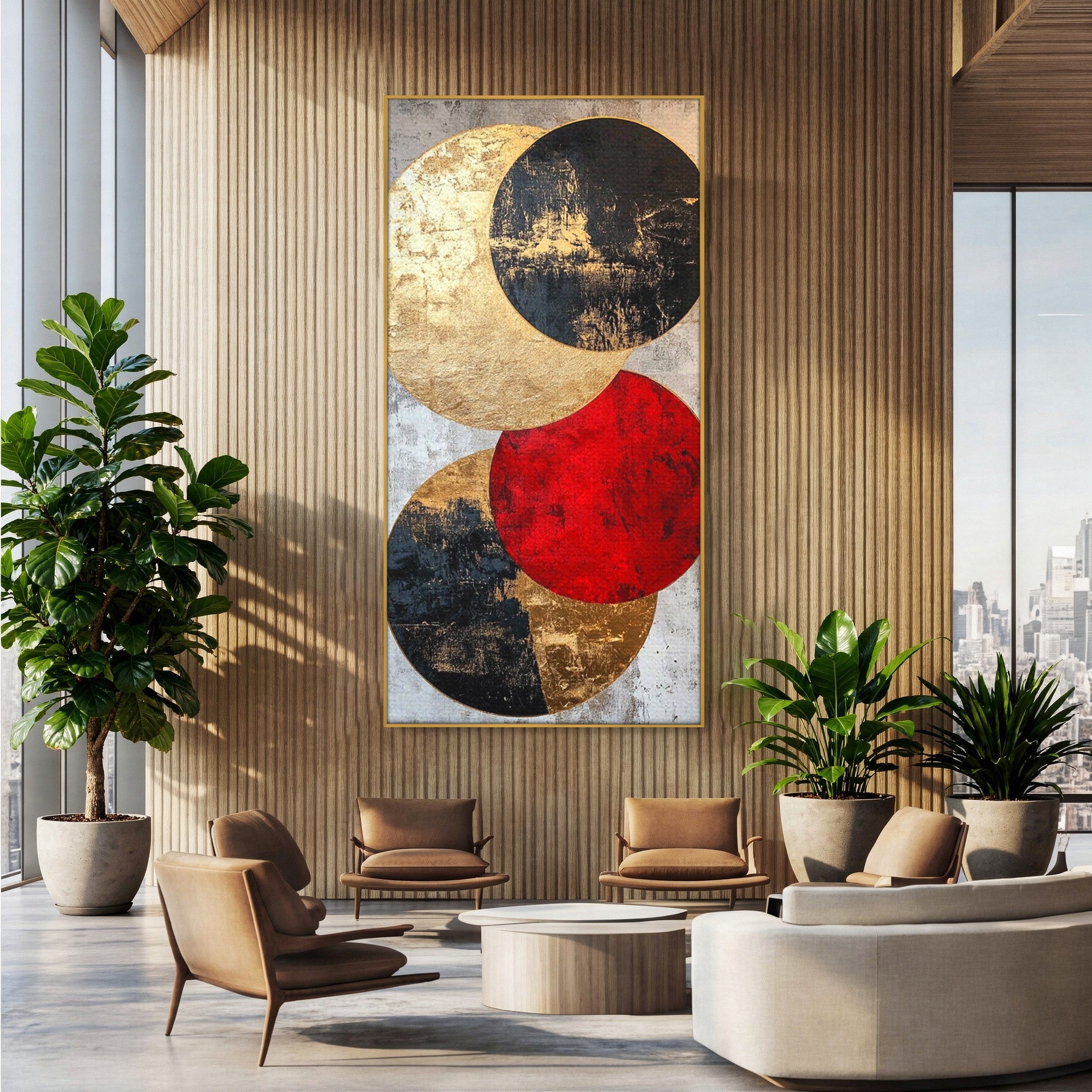 Tablou Canvas Premium LuxCanva® PI1179, Cercuri Abstracte Metalice, Rosu, Cercuri, Metal, Modern, Birou, Culori Vibrante