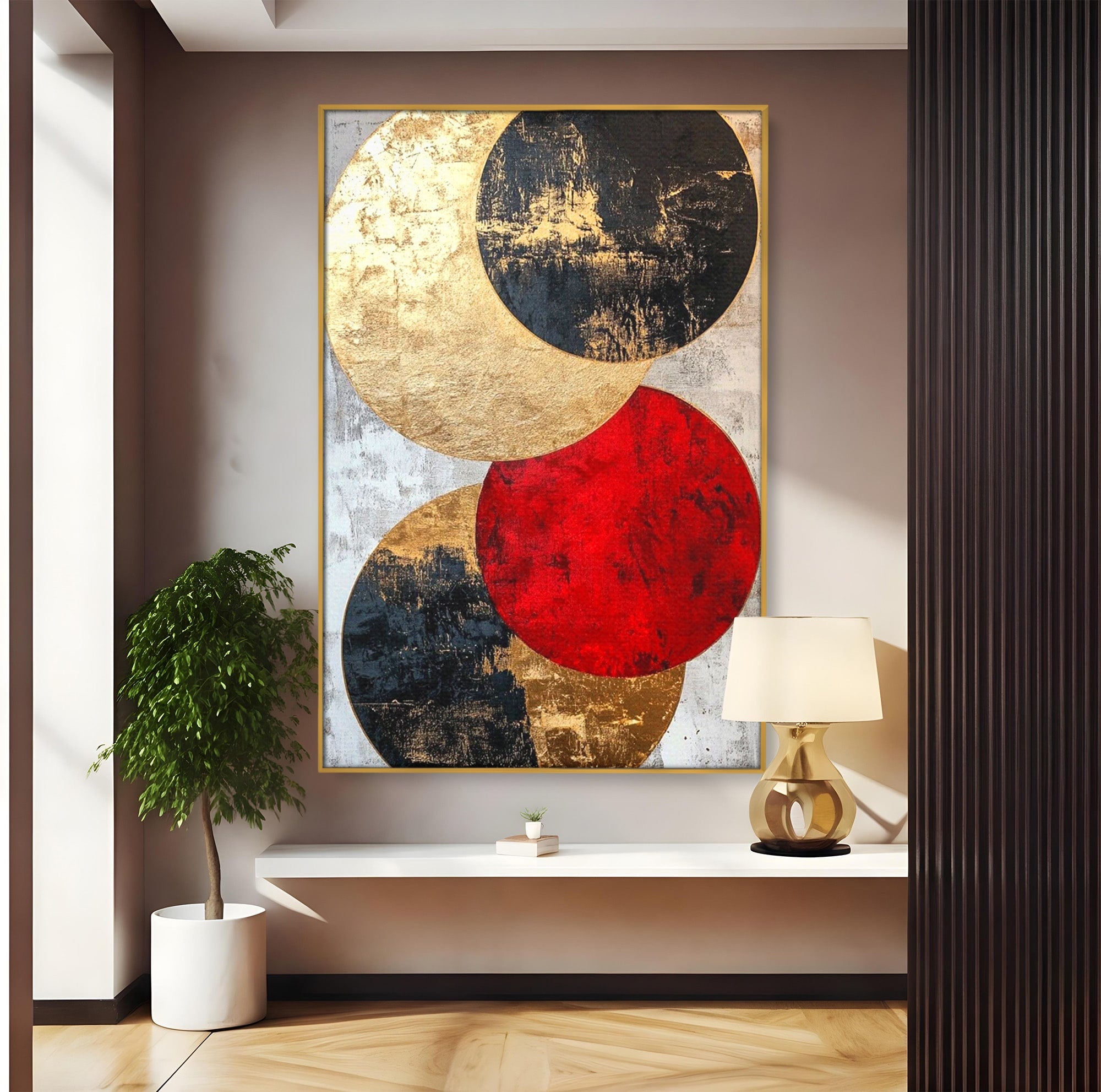 Tablou Canvas Premium LuxCanva® PI1179, Cercuri Abstracte Metalice, Rosu, Cercuri, Metal, Modern, Birou, Culori Vibrante