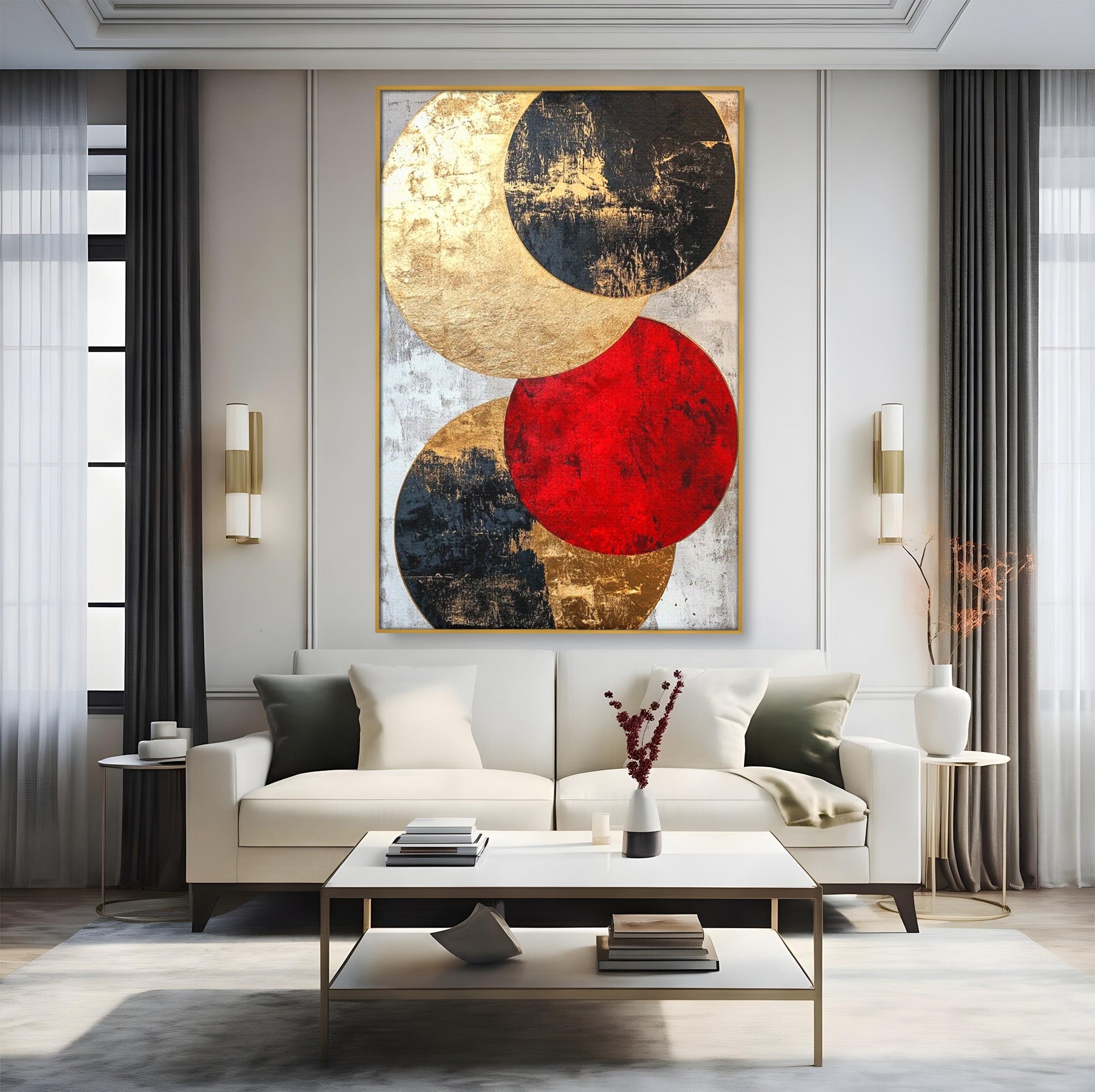 Tablou Canvas Premium LuxCanva® PI1179, Cercuri Abstracte Metalice, Rosu, Cercuri, Metal, Modern, Birou, Culori Vibrante