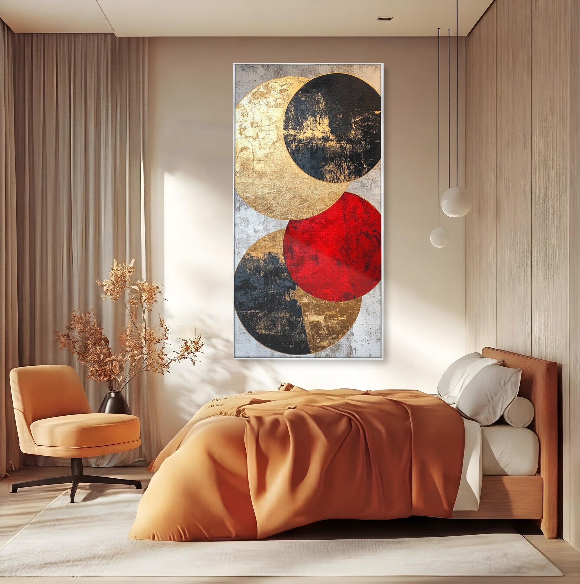 Tablou Canvas Premium LuxCanva® PI1179, Cercuri Abstracte Metalice, Rosu, Cercuri, Metal, Modern, Birou, Culori Vibrante