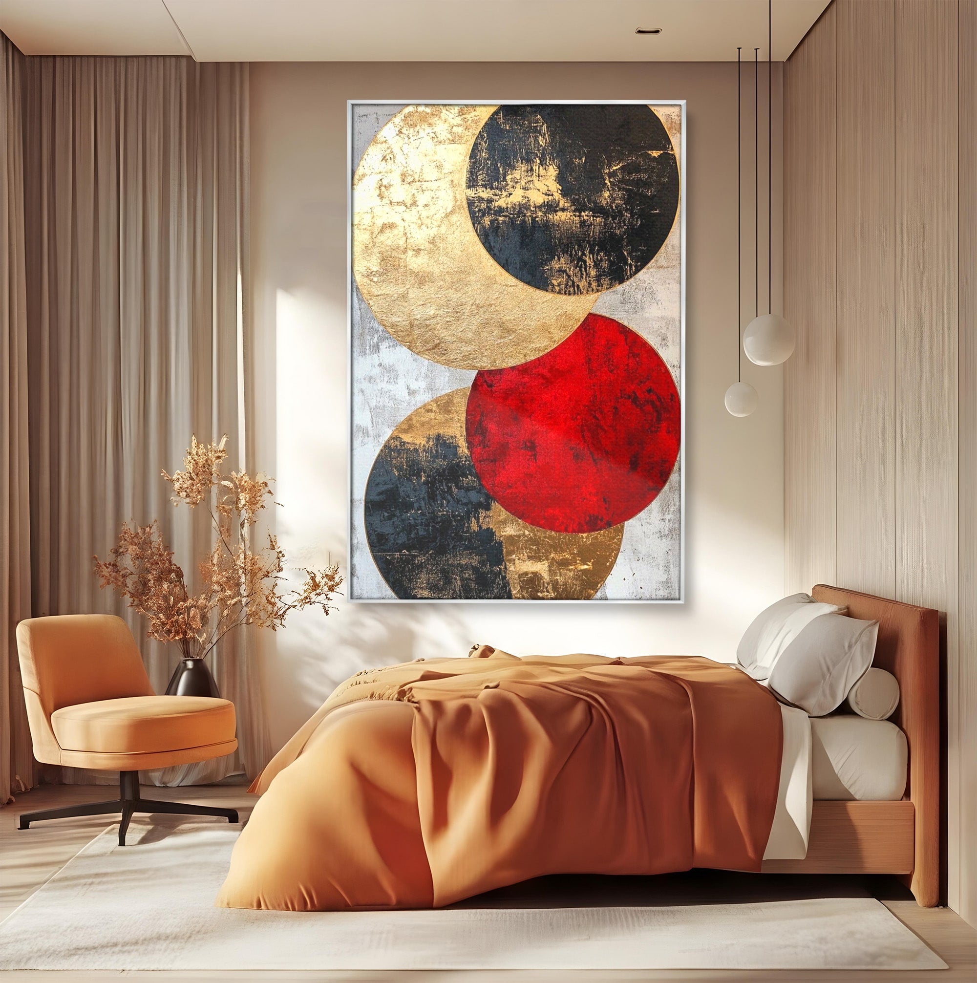 Tablou Canvas Premium LuxCanva® PI1179, Cercuri Abstracte Metalice, Rosu, Cercuri, Metal, Modern, Birou, Culori Vibrante
