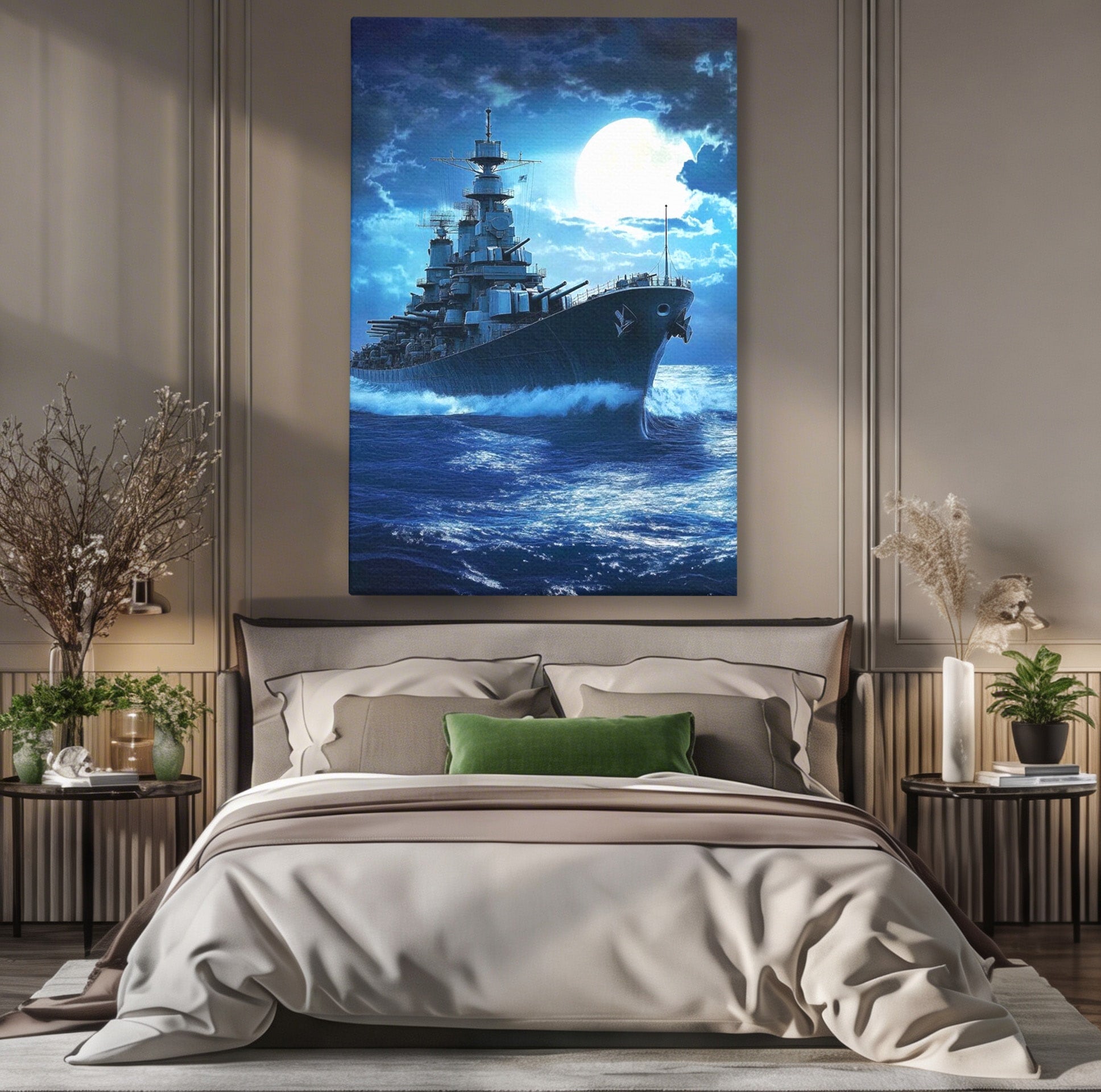 Tablou Canvas Premium LuxCanva® PI1182, Bismarck Sub Clar de Luna, Razboi, Ocean, Noapte, Luna, Aventura, Living, Dormitor, Culori Vibrante