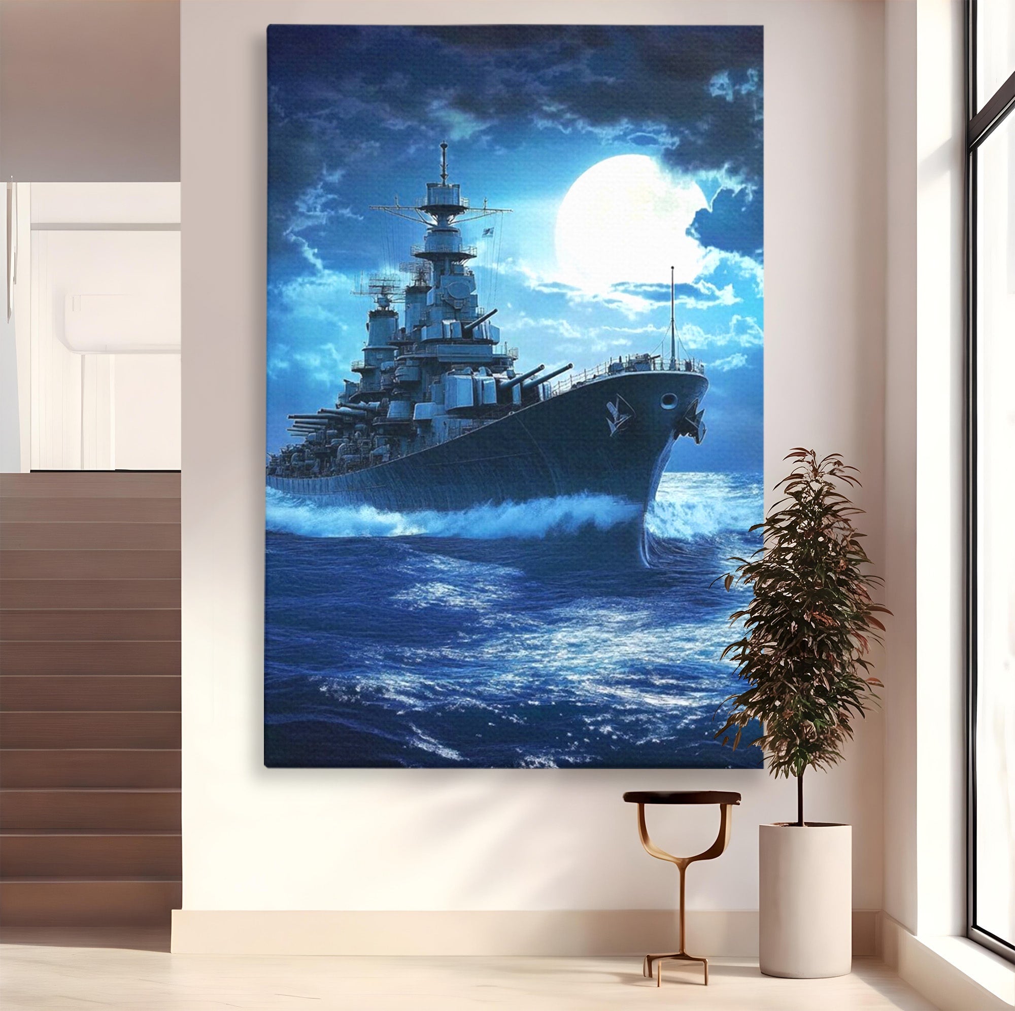 Tablou Canvas Premium LuxCanva® PI1182, Bismarck Sub Clar de Luna, Razboi, Ocean, Noapte, Luna, Aventura, Living, Dormitor, Culori Vibrante