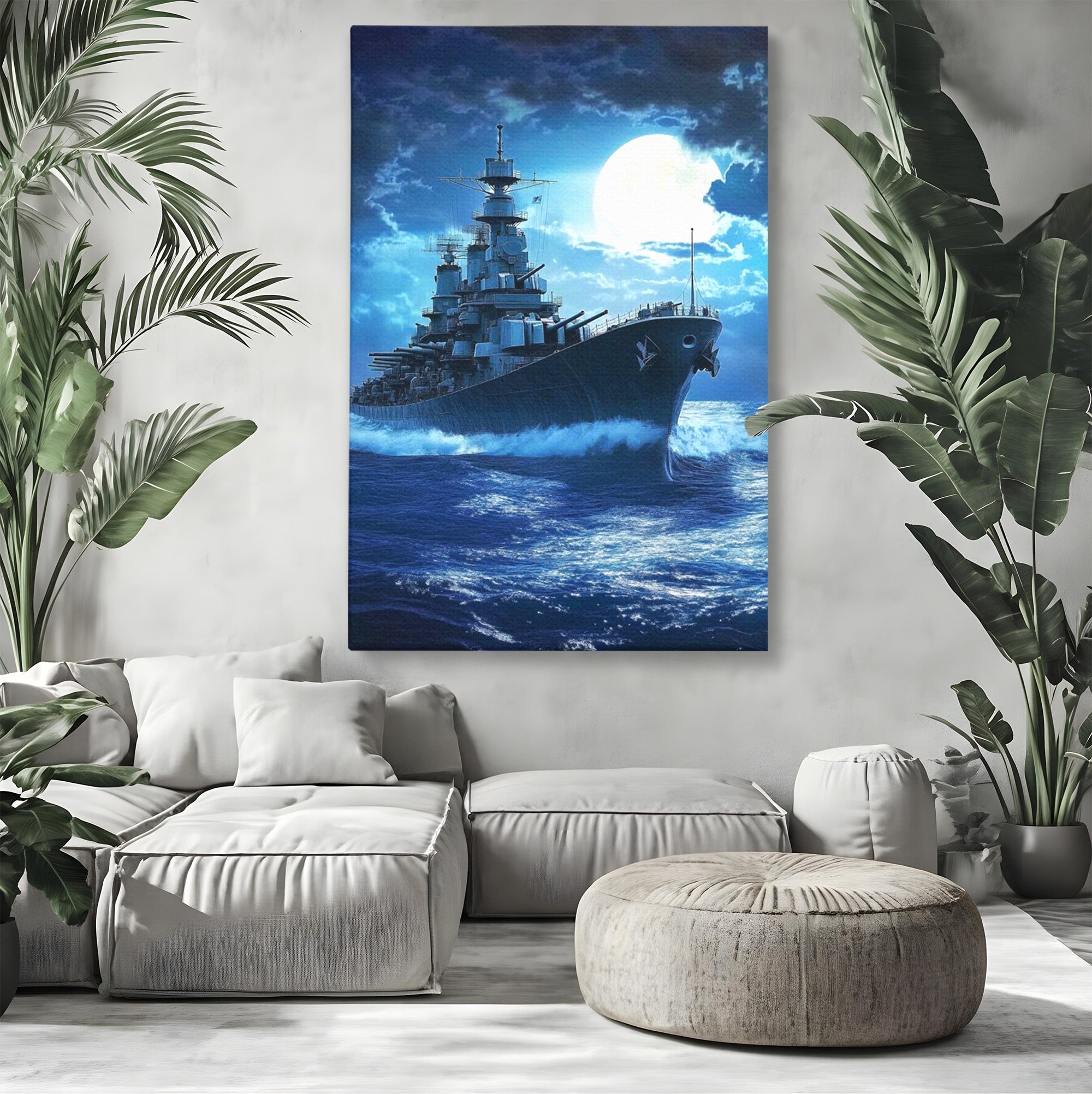 Tablou Canvas Premium LuxCanva® PI1182, Bismarck Sub Clar de Luna, Razboi, Ocean, Noapte, Luna, Aventura, Living, Dormitor, Culori Vibrante
