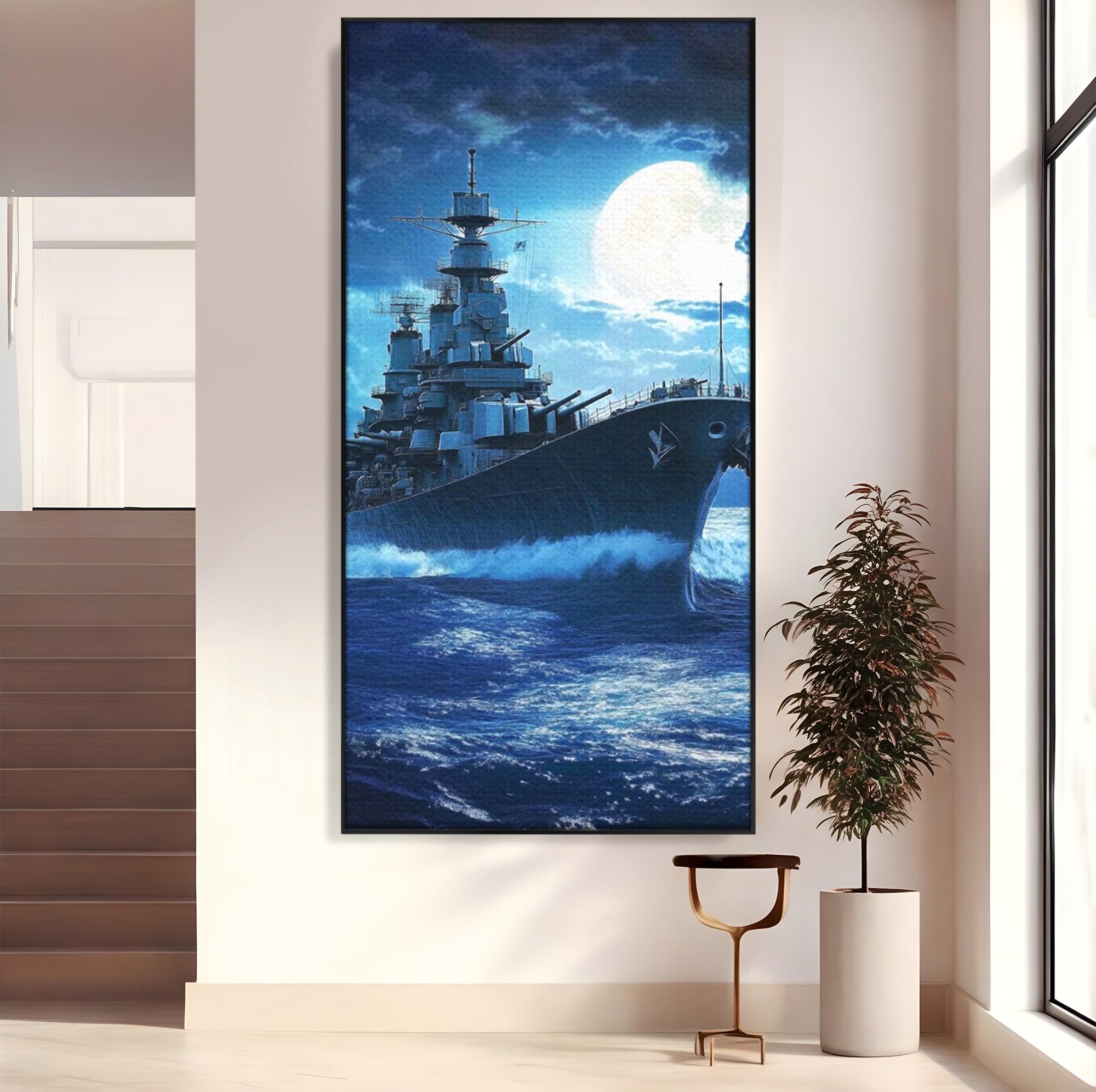 Tablou Canvas Premium LuxCanva® PI1182, Bismarck Sub Clar de Luna, Razboi, Ocean, Noapte, Luna, Aventura, Living, Dormitor, Culori Vibrante