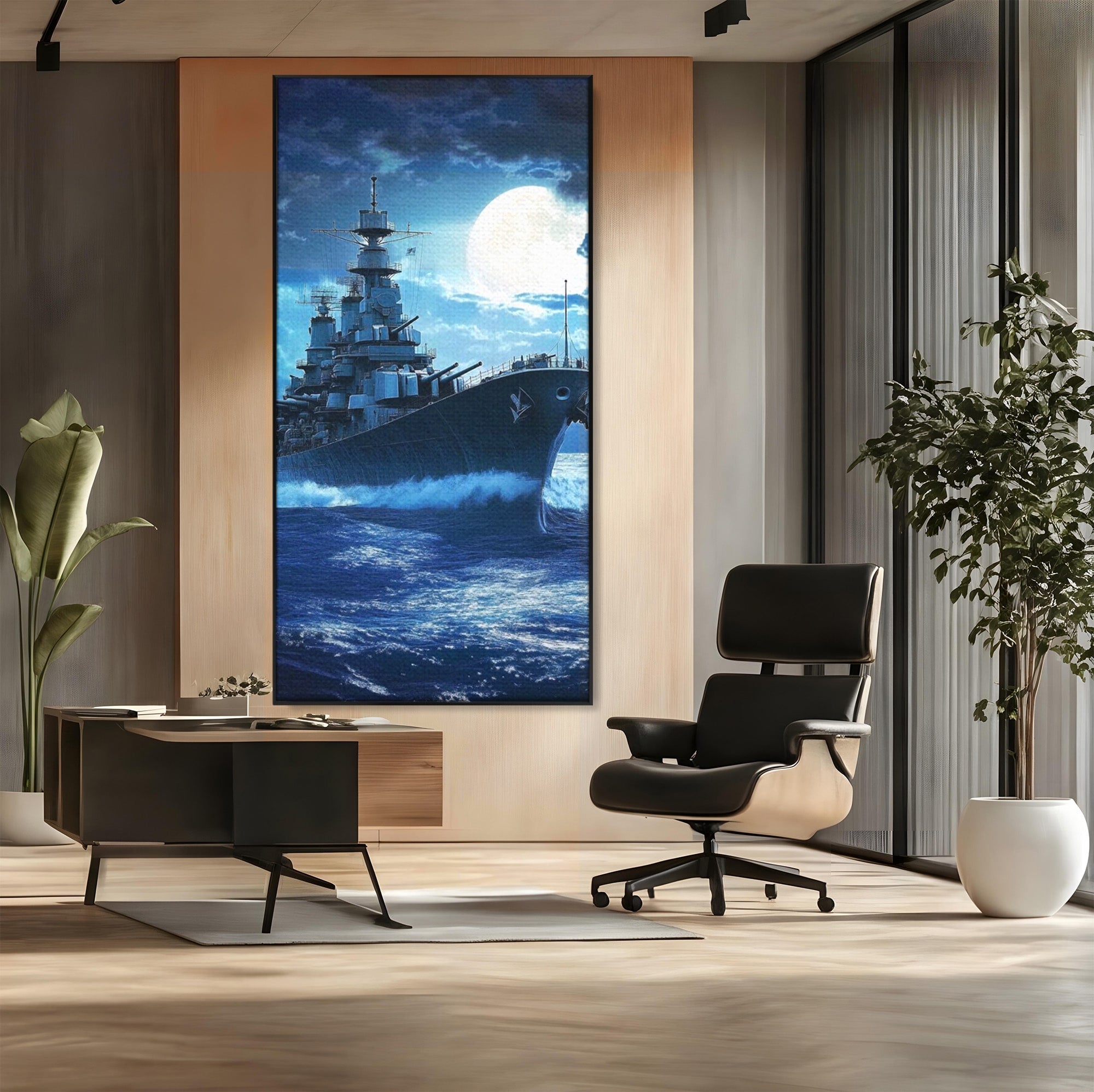 Tablou Canvas Premium LuxCanva® PI1182, Bismarck Sub Clar de Luna, Razboi, Ocean, Noapte, Luna, Aventura, Living, Dormitor, Culori Vibrante