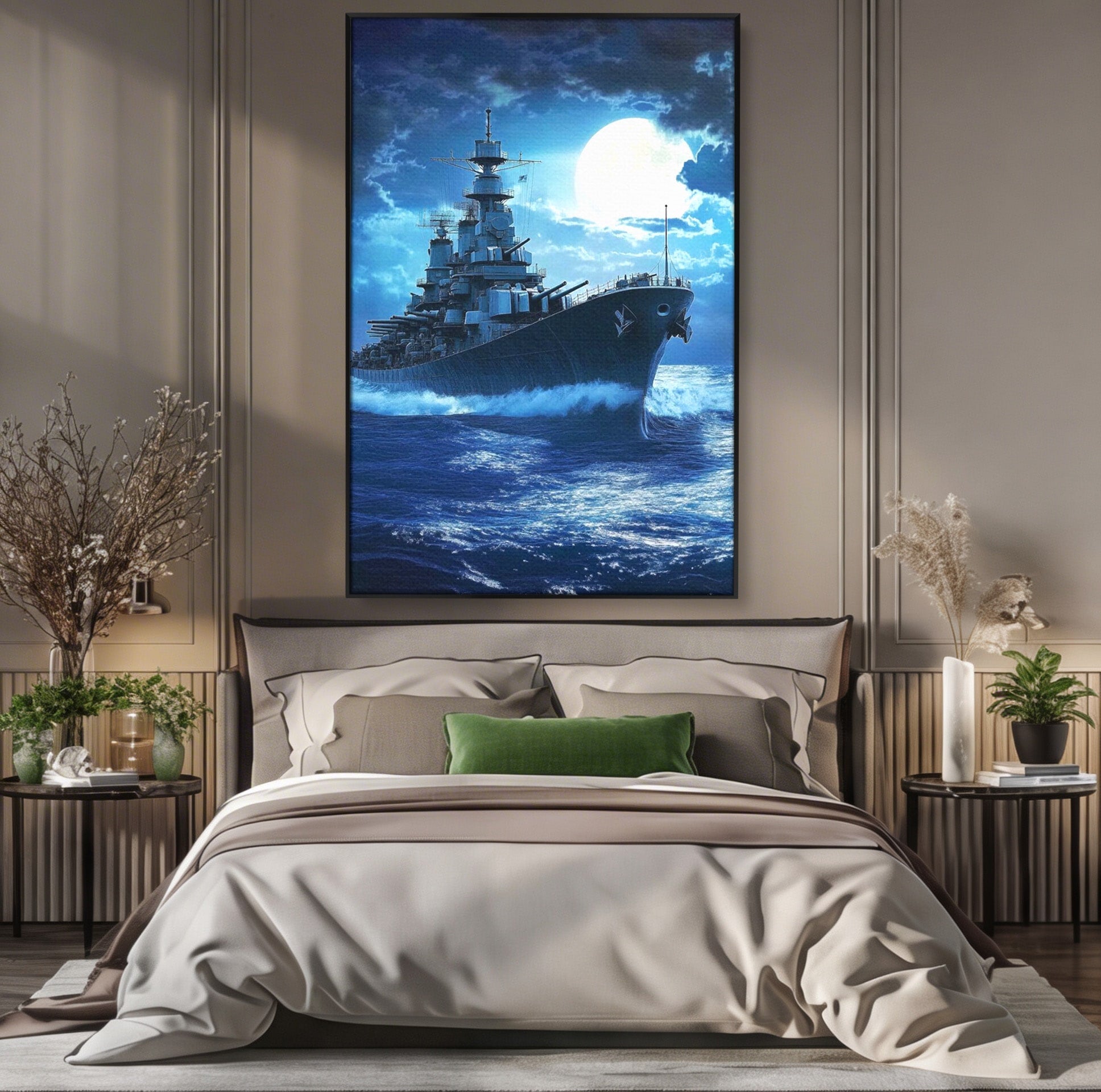 Tablou Canvas Premium LuxCanva® PI1182, Bismarck Sub Clar de Luna, Razboi, Ocean, Noapte, Luna, Aventura, Living, Dormitor, Culori Vibrante
