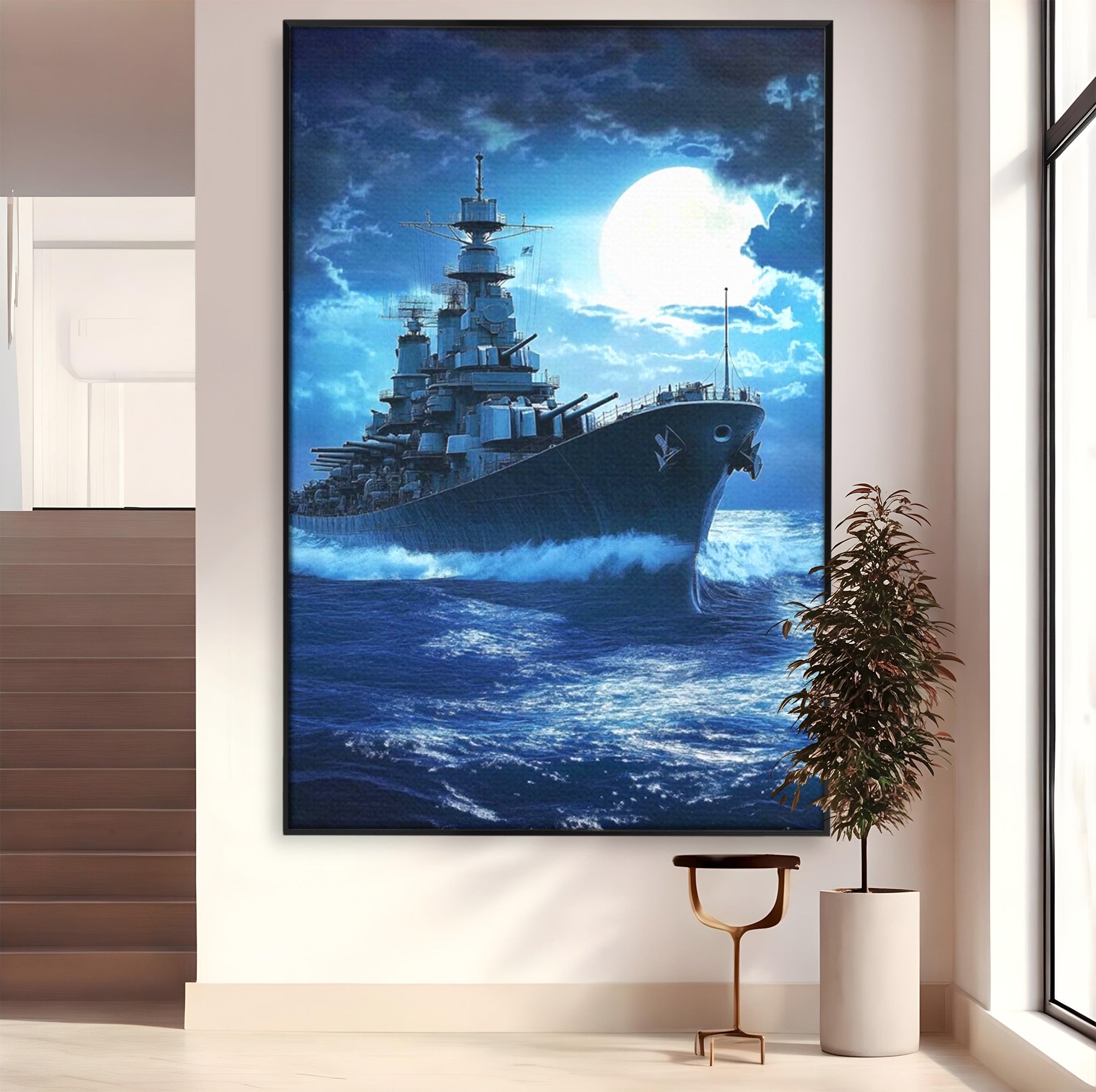 Tablou Canvas Premium LuxCanva® PI1182, Bismarck Sub Clar de Luna, Razboi, Ocean, Noapte, Luna, Aventura, Living, Dormitor, Culori Vibrante