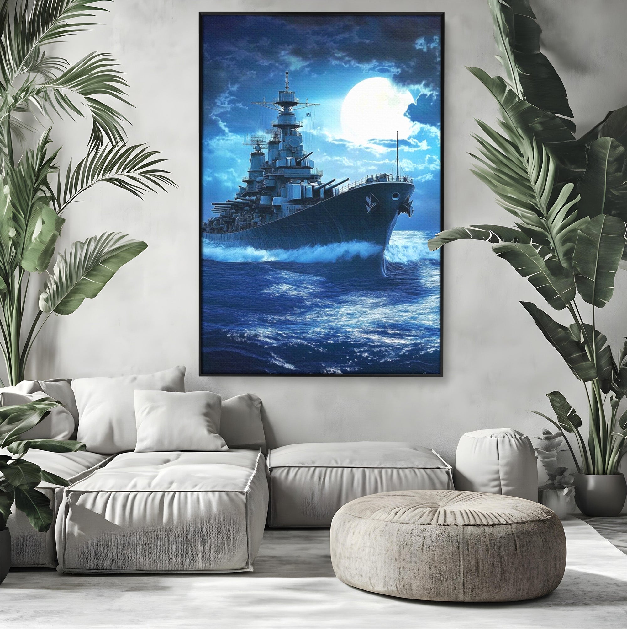 Tablou Canvas Premium LuxCanva® PI1182, Bismarck Sub Clar de Luna, Razboi, Ocean, Noapte, Luna, Aventura, Living, Dormitor, Culori Vibrante