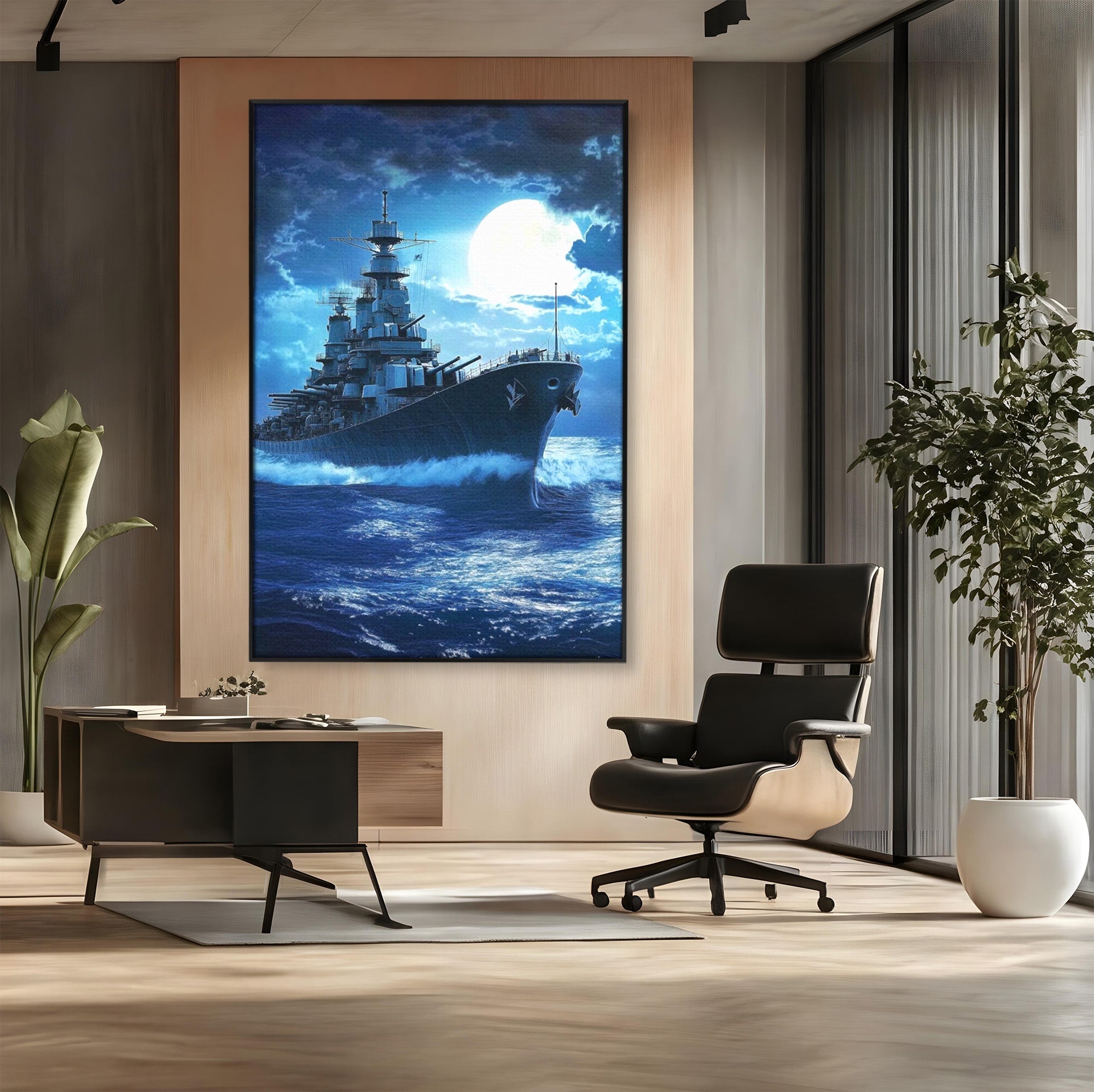 Tablou Canvas Premium LuxCanva® PI1182, Bismarck Sub Clar de Luna, Razboi, Ocean, Noapte, Luna, Aventura, Living, Dormitor, Culori Vibrante