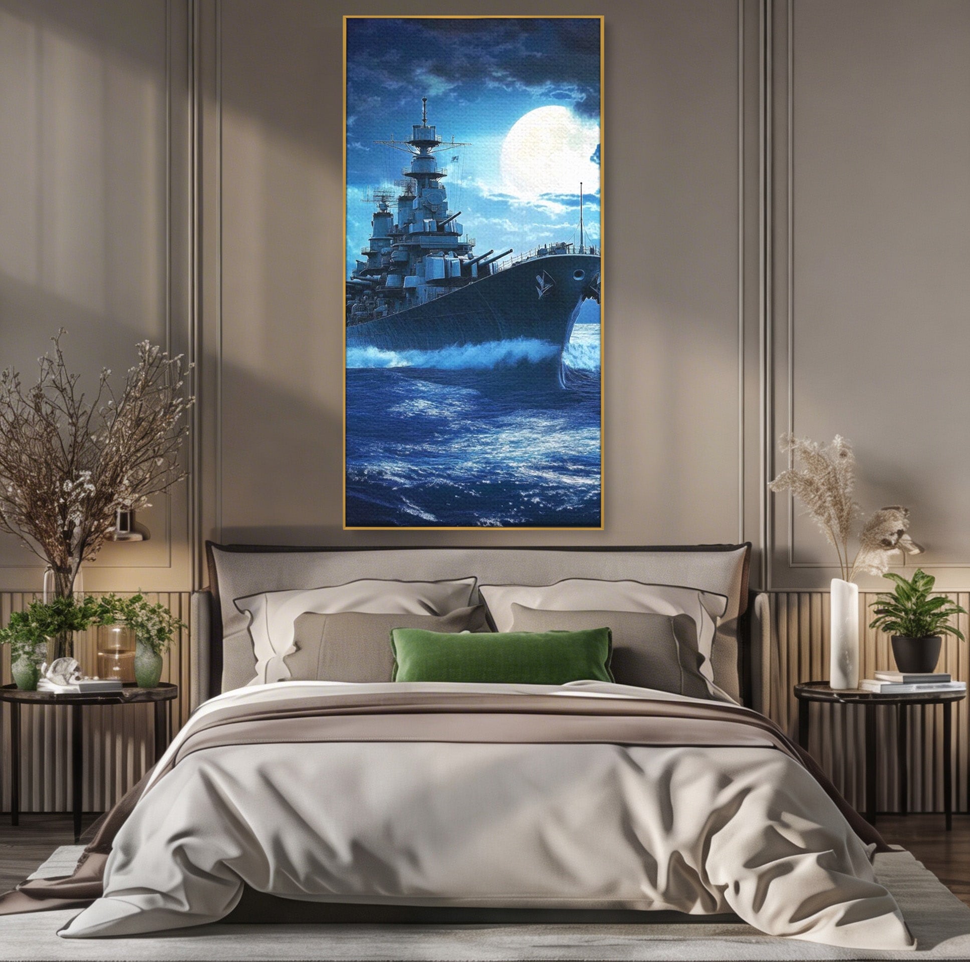Tablou Canvas Premium LuxCanva® PI1182, Bismarck Sub Clar de Luna, Razboi, Ocean, Noapte, Luna, Aventura, Living, Dormitor, Culori Vibrante