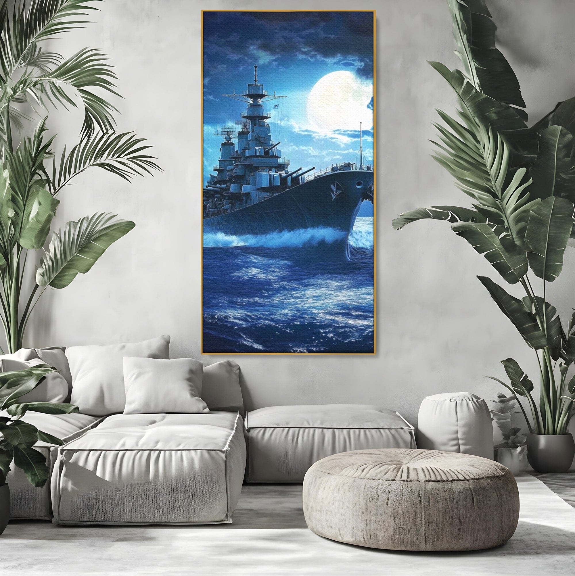 Tablou Canvas Premium LuxCanva® PI1182, Bismarck Sub Clar de Luna, Razboi, Ocean, Noapte, Luna, Aventura, Living, Dormitor, Culori Vibrante