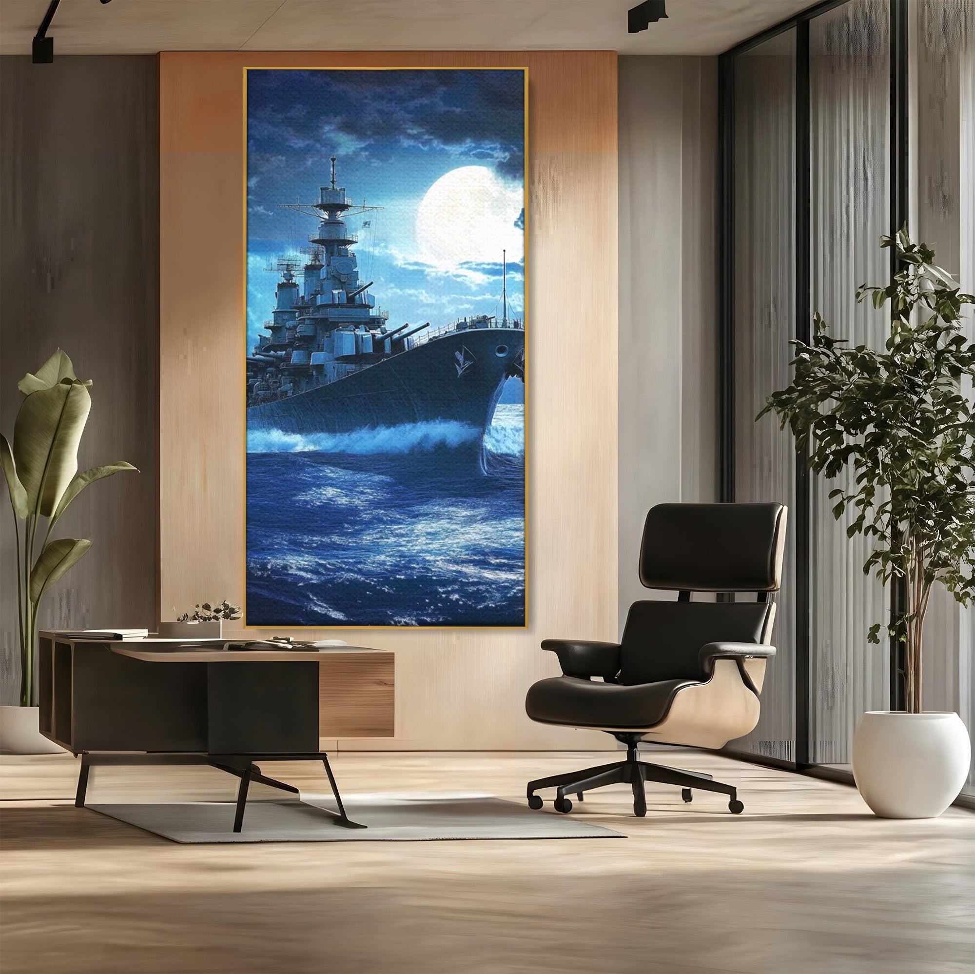 Tablou Canvas Premium LuxCanva® PI1182, Bismarck Sub Clar de Luna, Razboi, Ocean, Noapte, Luna, Aventura, Living, Dormitor, Culori Vibrante