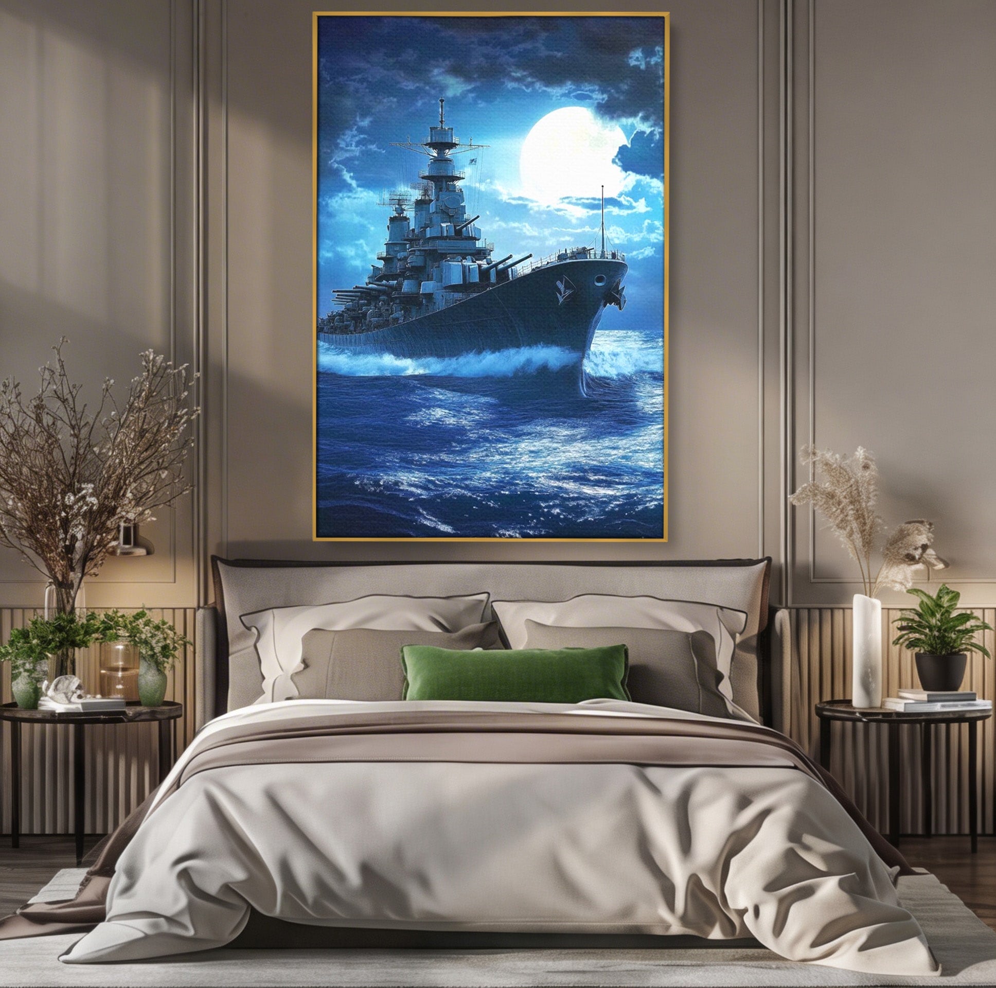 Tablou Canvas Premium LuxCanva® PI1182, Bismarck Sub Clar de Luna, Razboi, Ocean, Noapte, Luna, Aventura, Living, Dormitor, Culori Vibrante