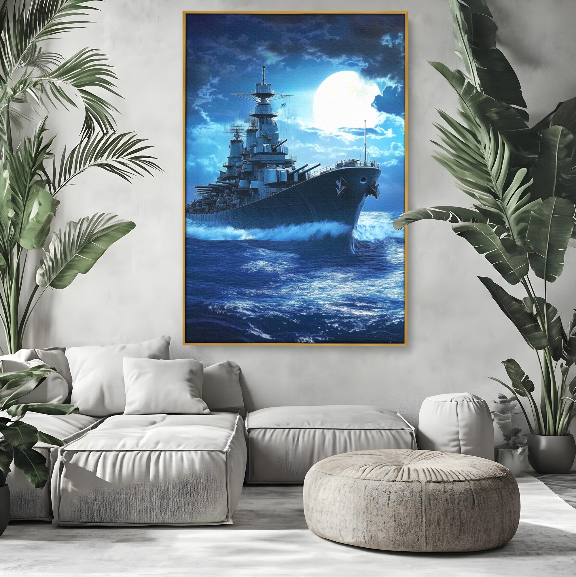 Tablou Canvas Premium LuxCanva® PI1182, Bismarck Sub Clar de Luna, Razboi, Ocean, Noapte, Luna, Aventura, Living, Dormitor, Culori Vibrante