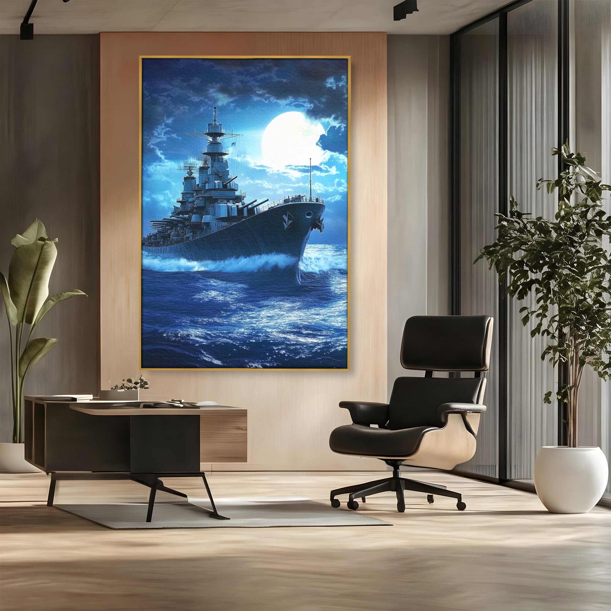Tablou Canvas Premium LuxCanva® PI1182, Bismarck Sub Clar de Luna, Razboi, Ocean, Noapte, Luna, Aventura, Living, Dormitor, Culori Vibrante