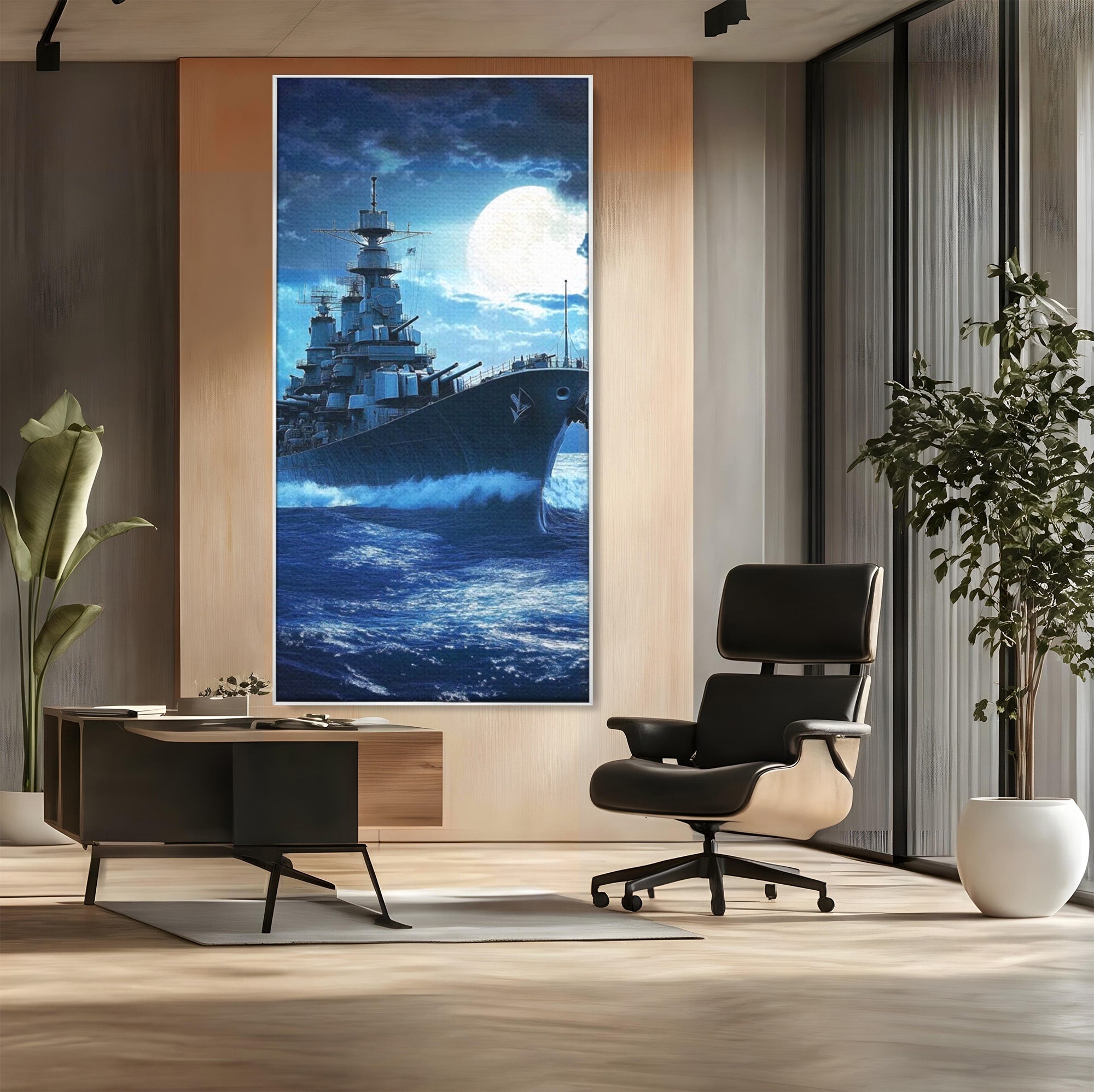 Tablou Canvas Premium LuxCanva® PI1182, Bismarck Sub Clar de Luna, Razboi, Ocean, Noapte, Luna, Aventura, Living, Dormitor, Culori Vibrante