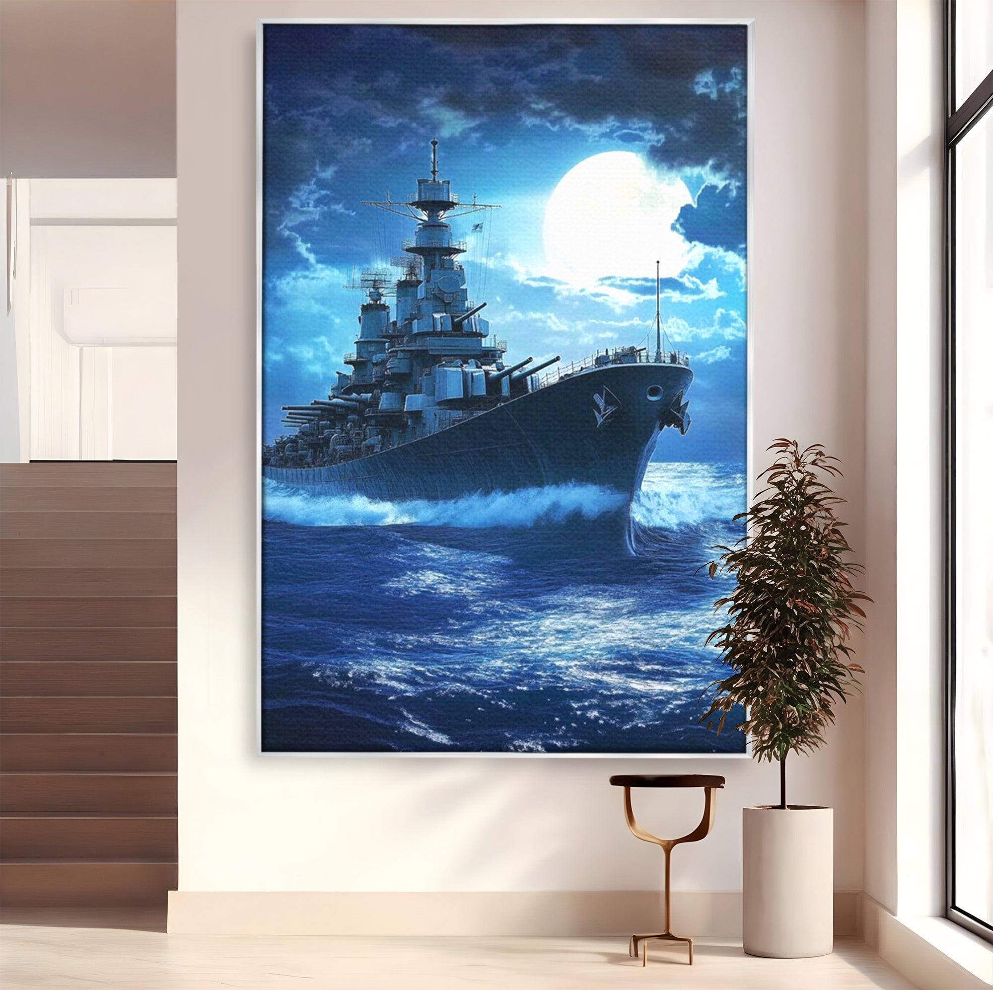Tablou Canvas Premium LuxCanva® PI1182, Bismarck Sub Clar de Luna, Razboi, Ocean, Noapte, Luna, Aventura, Living, Dormitor, Culori Vibrante