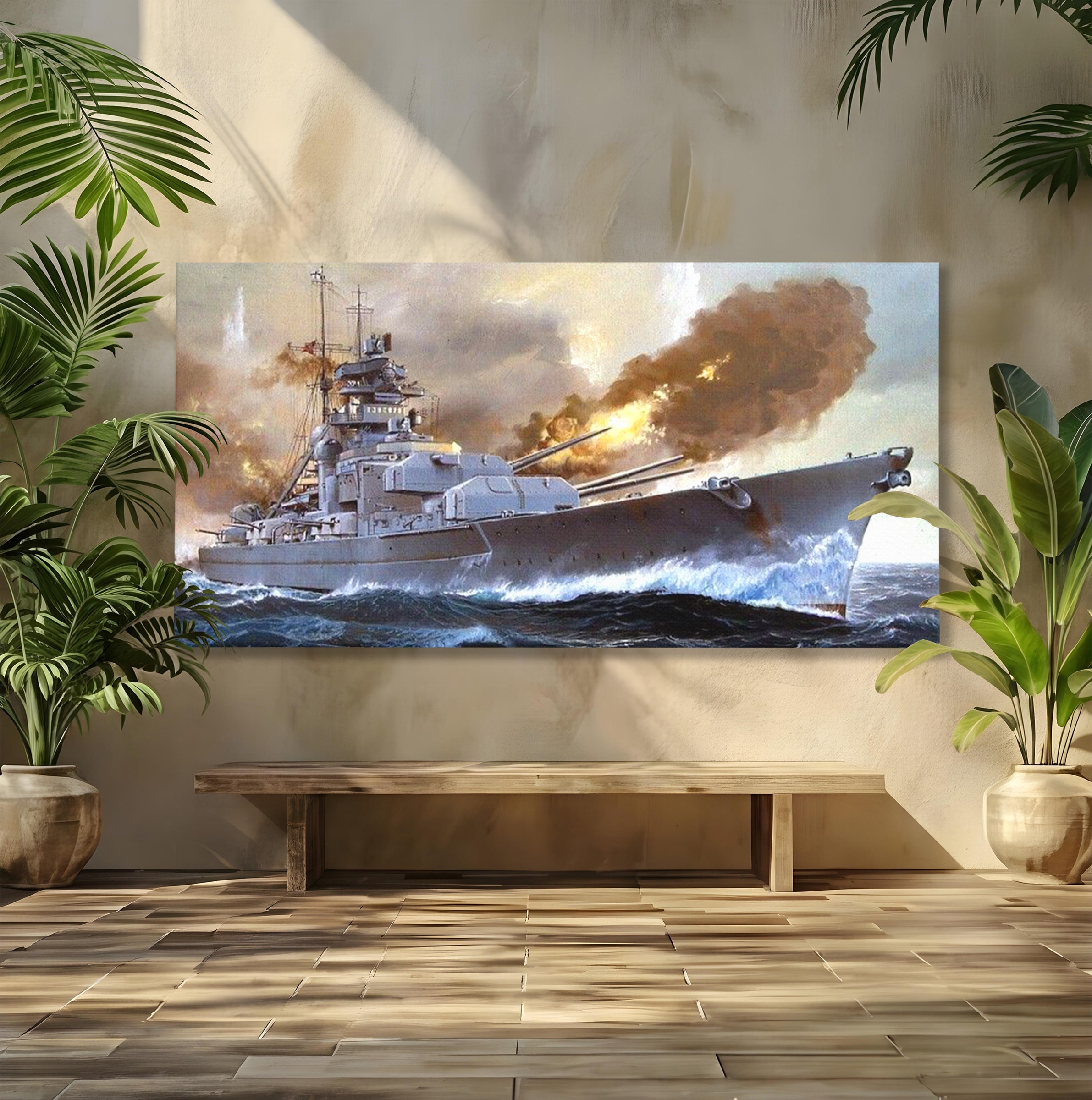 Tablou Canvas Premium LuxCanva® PI1183, Vas De Razboi In Actiune, Bismarck, Marina, Istoric, Mare, Germania, Living, Birou, Culori Vibrante