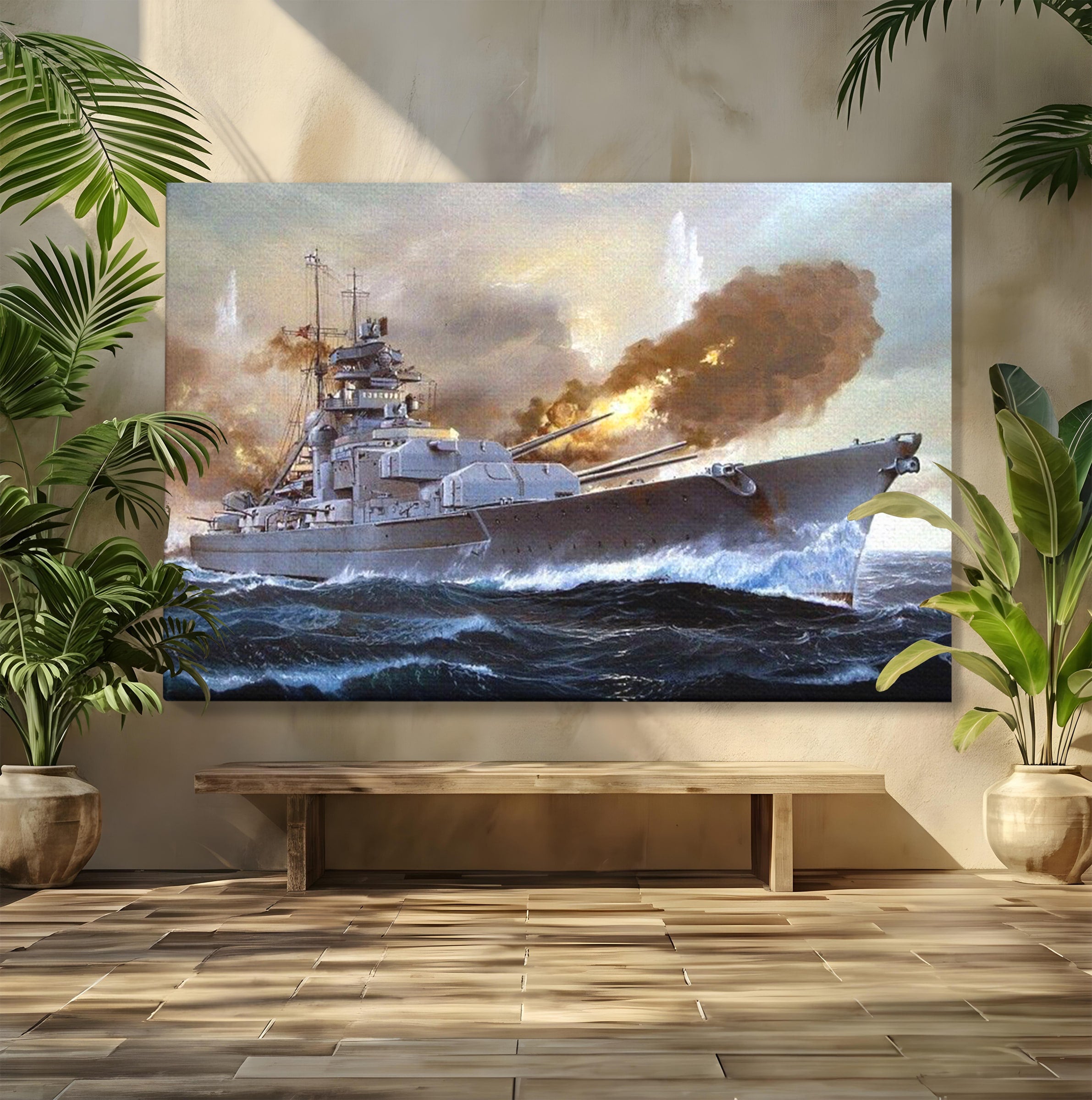 Tablou Canvas Premium LuxCanva® PI1183, Vas De Razboi In Actiune, Bismarck, Marina, Istoric, Mare, Germania, Living, Birou, Culori Vibrante