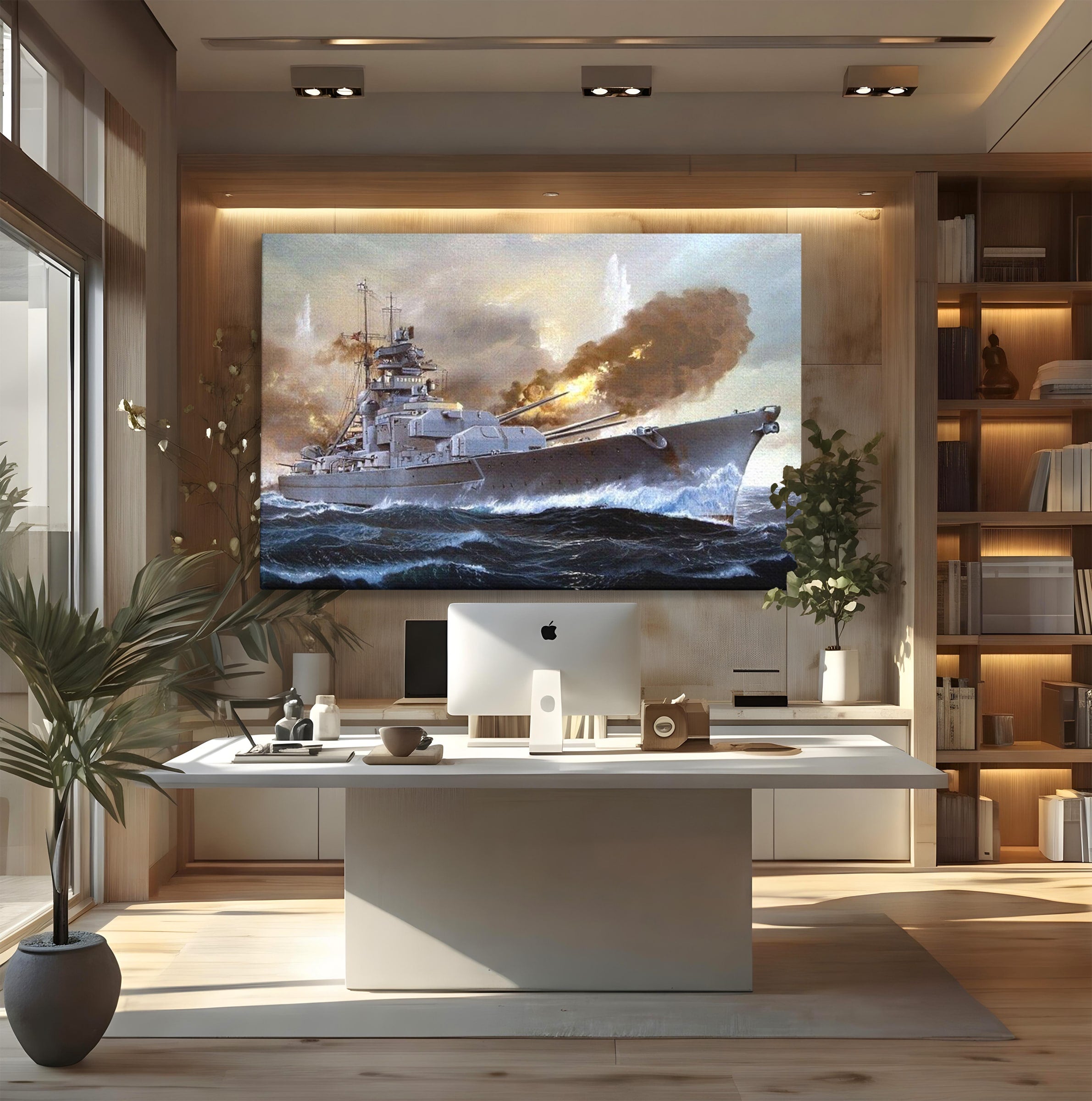 Tablou Canvas Premium LuxCanva® PI1183, Vas De Razboi In Actiune, Bismarck, Marina, Istoric, Mare, Germania, Living, Birou, Culori Vibrante