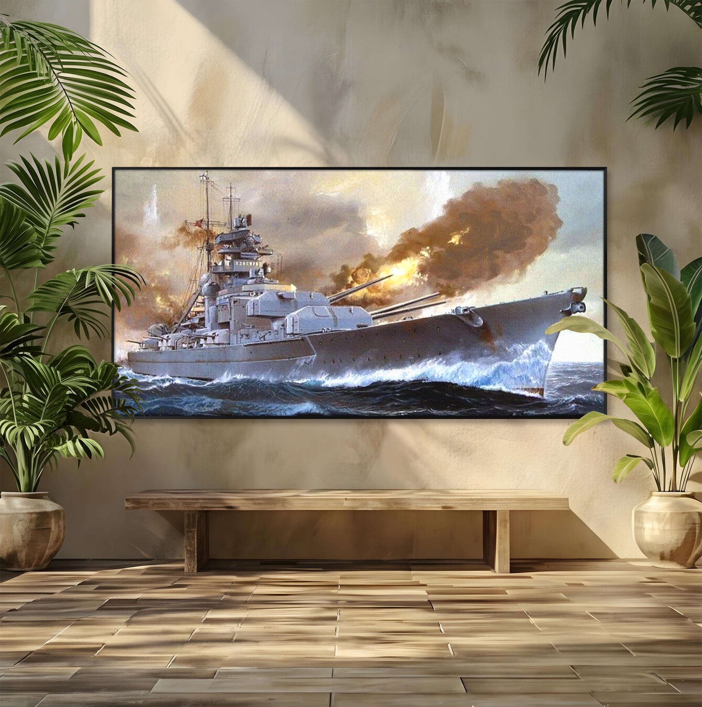 Tablou Canvas Premium LuxCanva® PI1183, Vas De Razboi In Actiune, Bismarck, Marina, Istoric, Mare, Germania, Living, Birou, Culori Vibrante