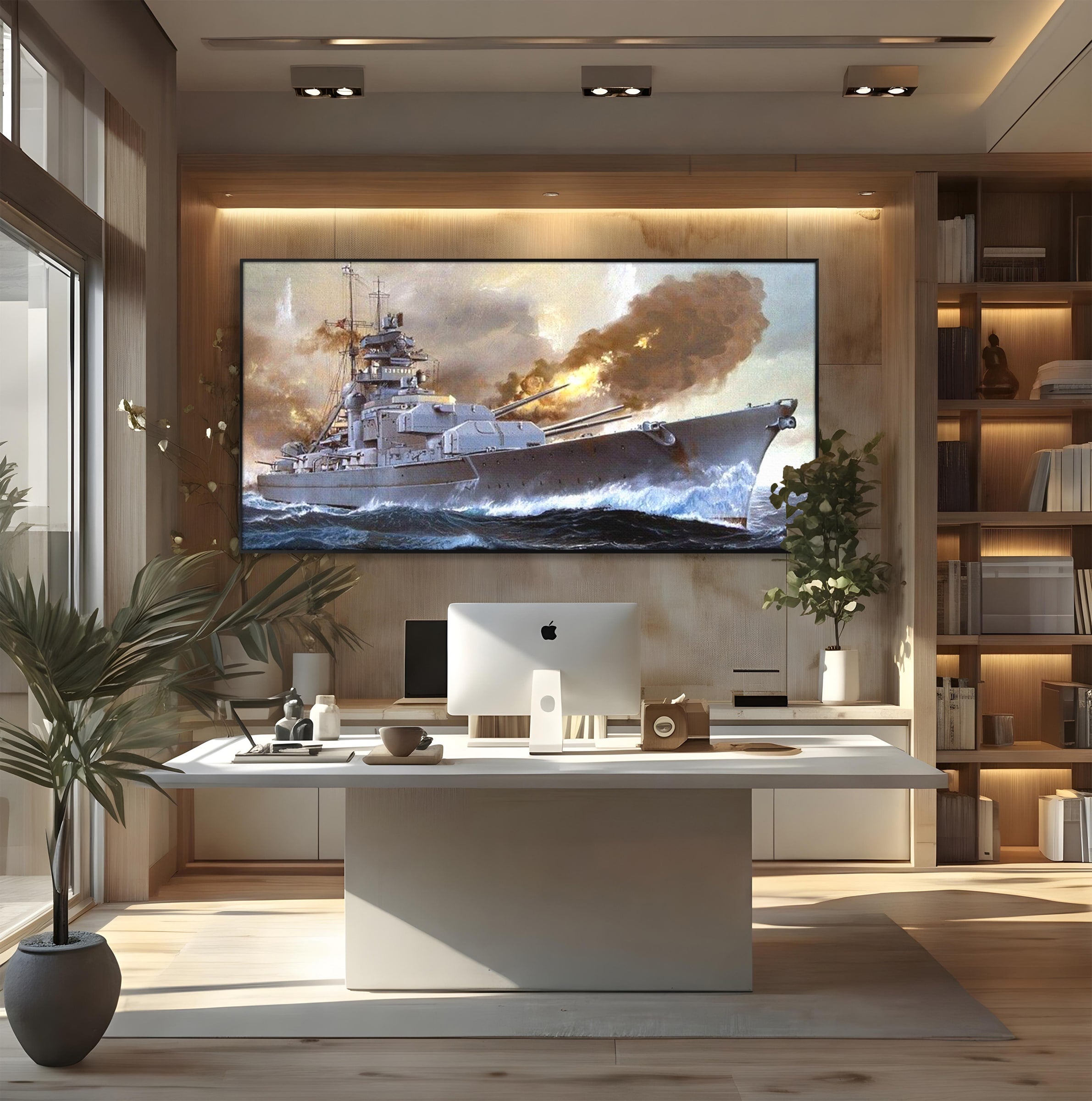 Tablou Canvas Premium LuxCanva® PI1183, Vas De Razboi In Actiune, Bismarck, Marina, Istoric, Mare, Germania, Living, Birou, Culori Vibrante