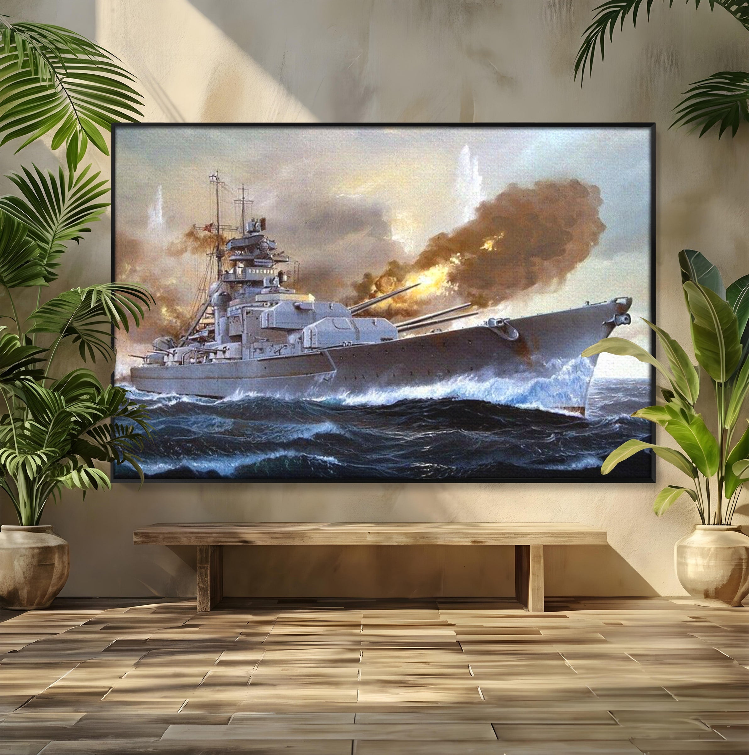 Tablou Canvas Premium LuxCanva® PI1183, Vas De Razboi In Actiune, Bismarck, Marina, Istoric, Mare, Germania, Living, Birou, Culori Vibrante