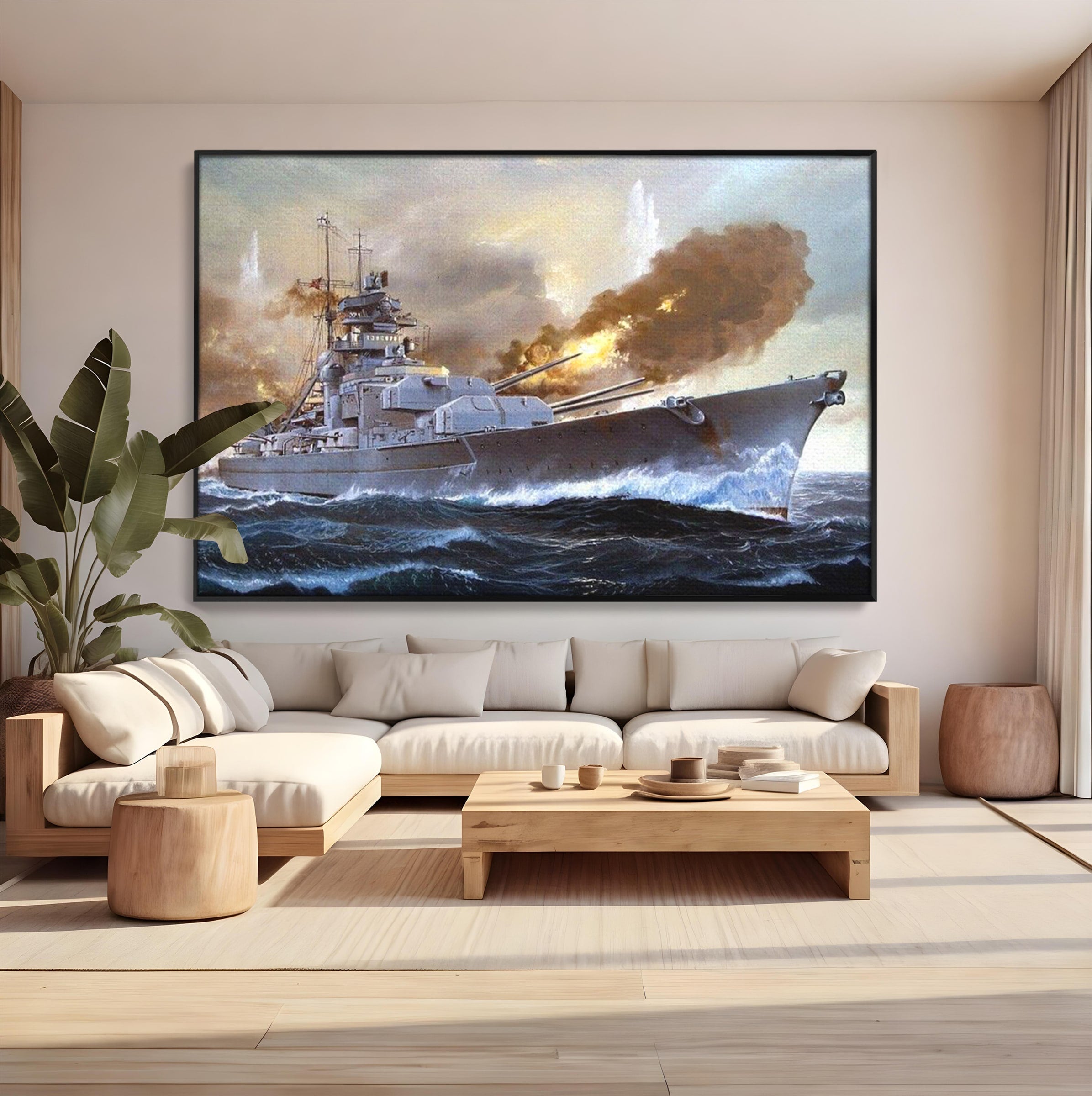 Tablou Canvas Premium LuxCanva® PI1183, Vas De Razboi In Actiune, Bismarck, Marina, Istoric, Mare, Germania, Living, Birou, Culori Vibrante