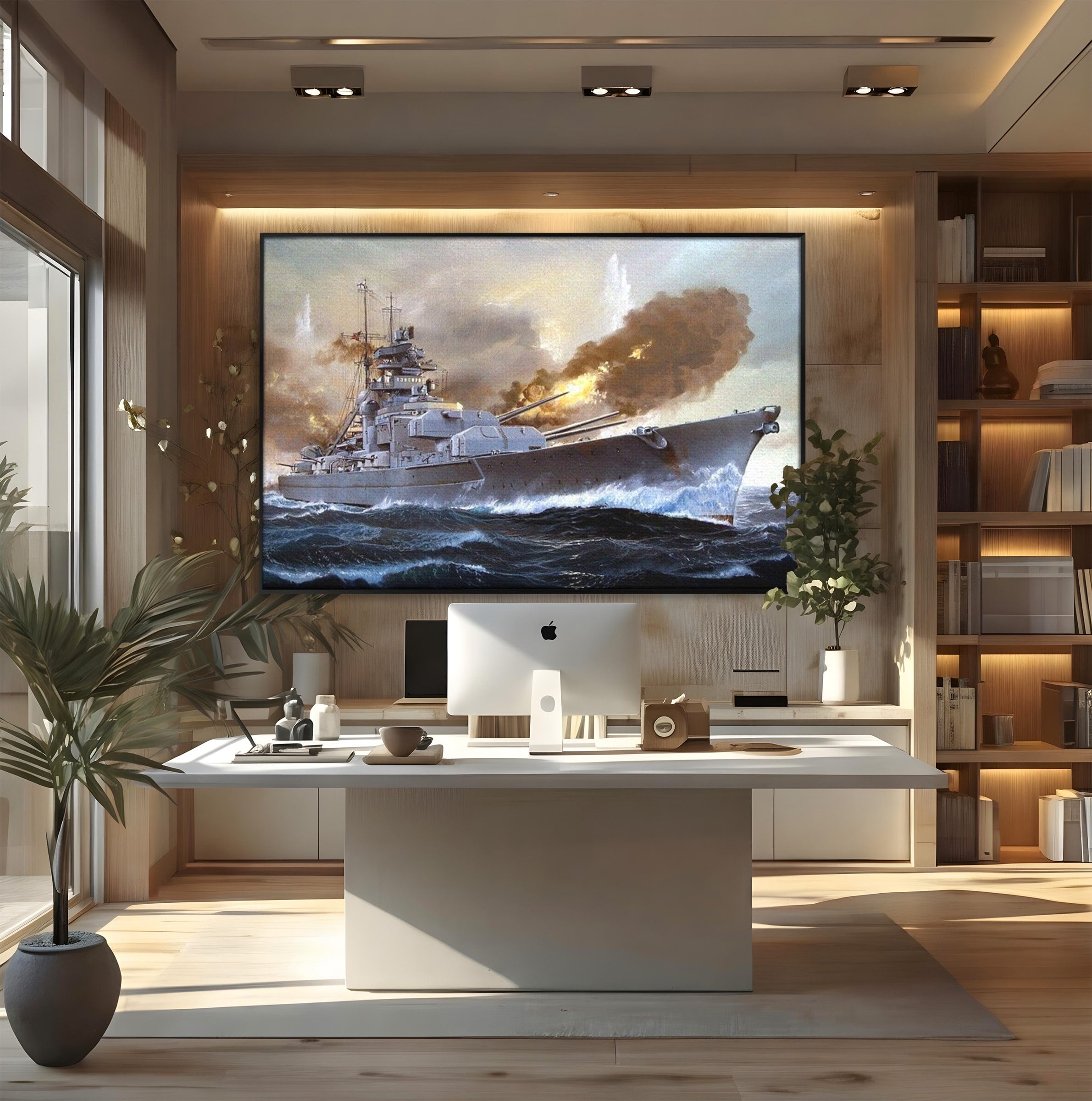 Tablou Canvas Premium LuxCanva® PI1183, Vas De Razboi In Actiune, Bismarck, Marina, Istoric, Mare, Germania, Living, Birou, Culori Vibrante