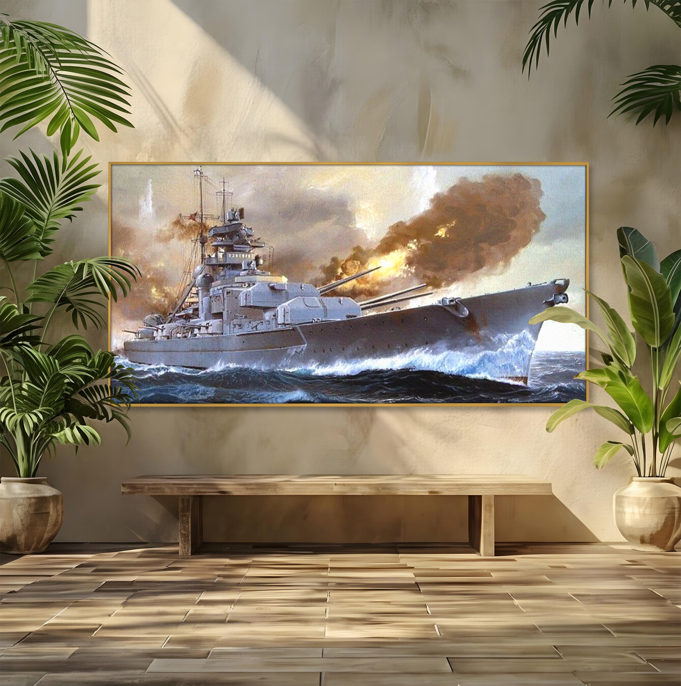 Tablou Canvas Premium LuxCanva® PI1183, Vas De Razboi In Actiune, Bismarck, Marina, Istoric, Mare, Germania, Living, Birou, Culori Vibrante
