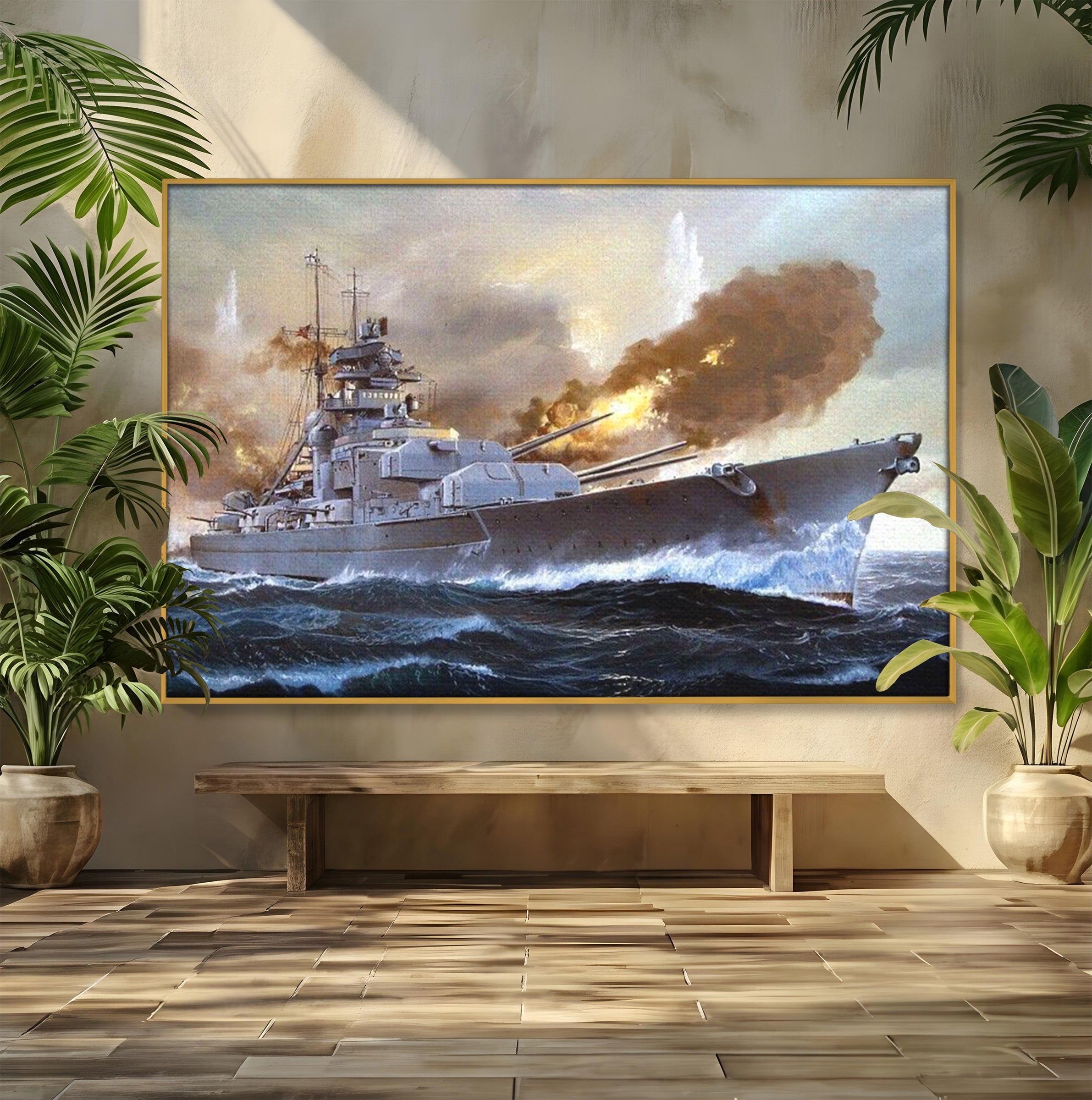 Tablou Canvas Premium LuxCanva® PI1183, Vas De Razboi In Actiune, Bismarck, Marina, Istoric, Mare, Germania, Living, Birou, Culori Vibrante