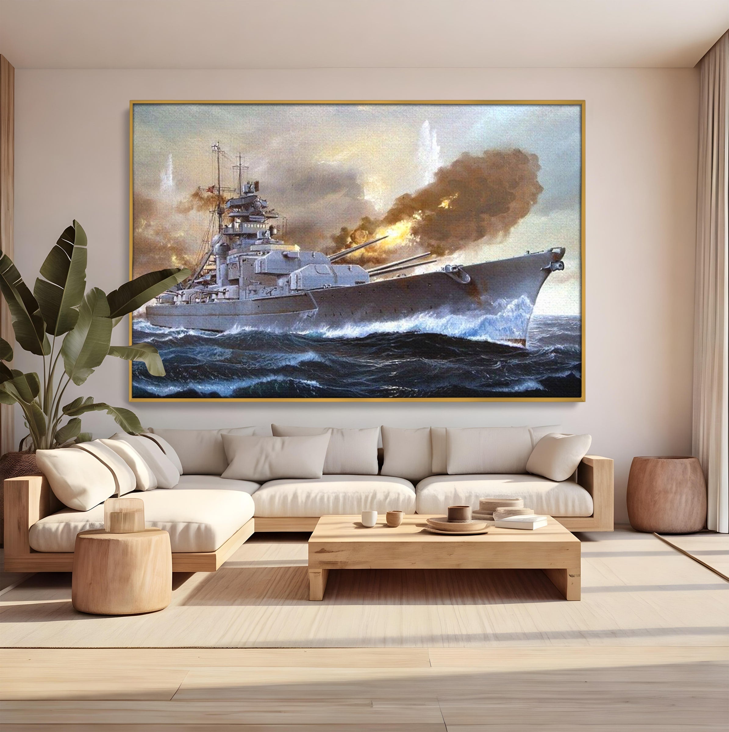 Tablou Canvas Premium LuxCanva® PI1183, Vas De Razboi In Actiune, Bismarck, Marina, Istoric, Mare, Germania, Living, Birou, Culori Vibrante