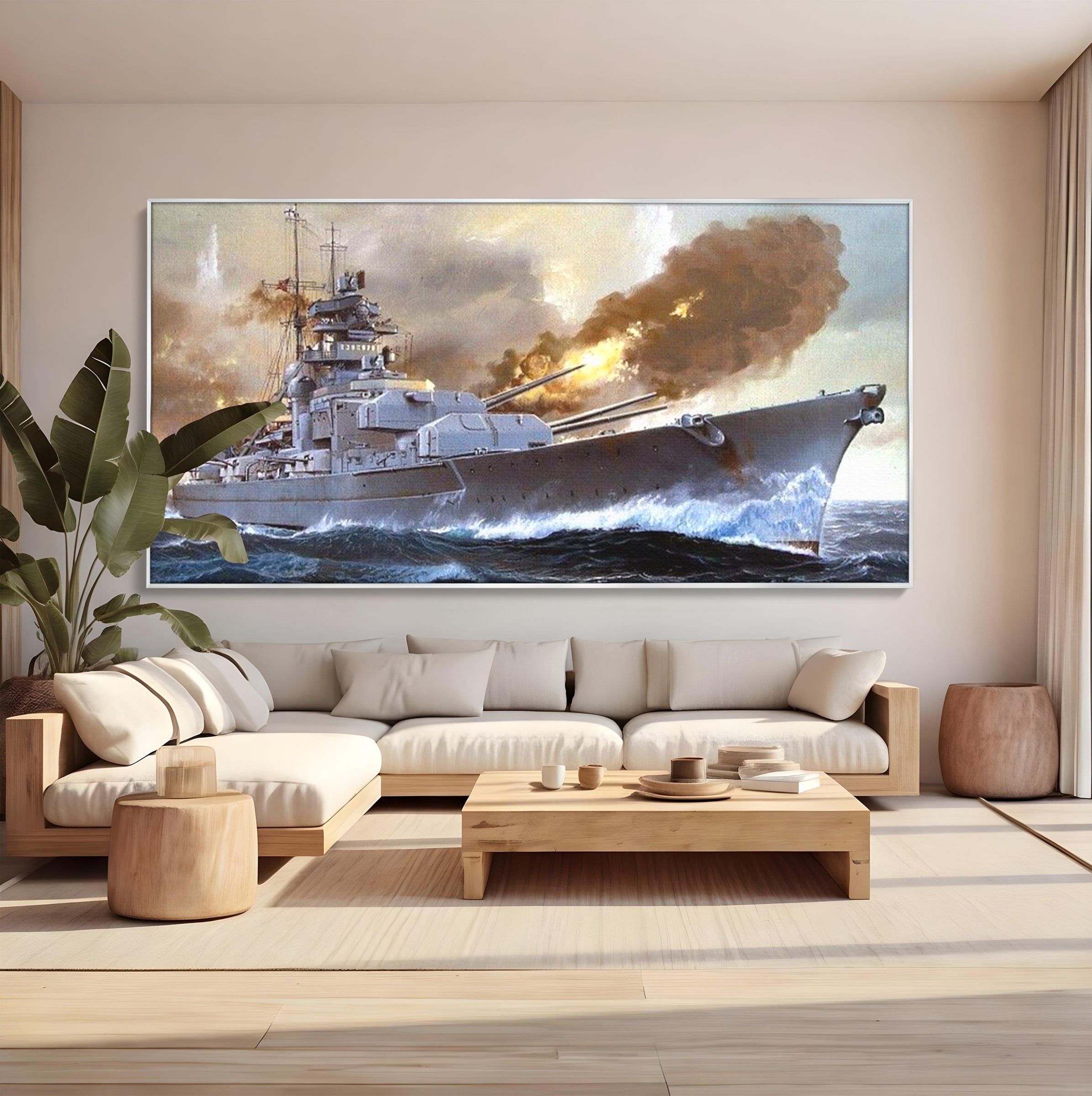 Tablou Canvas Premium LuxCanva® PI1183, Vas De Razboi In Actiune, Bismarck, Marina, Istoric, Mare, Germania, Living, Birou, Culori Vibrante