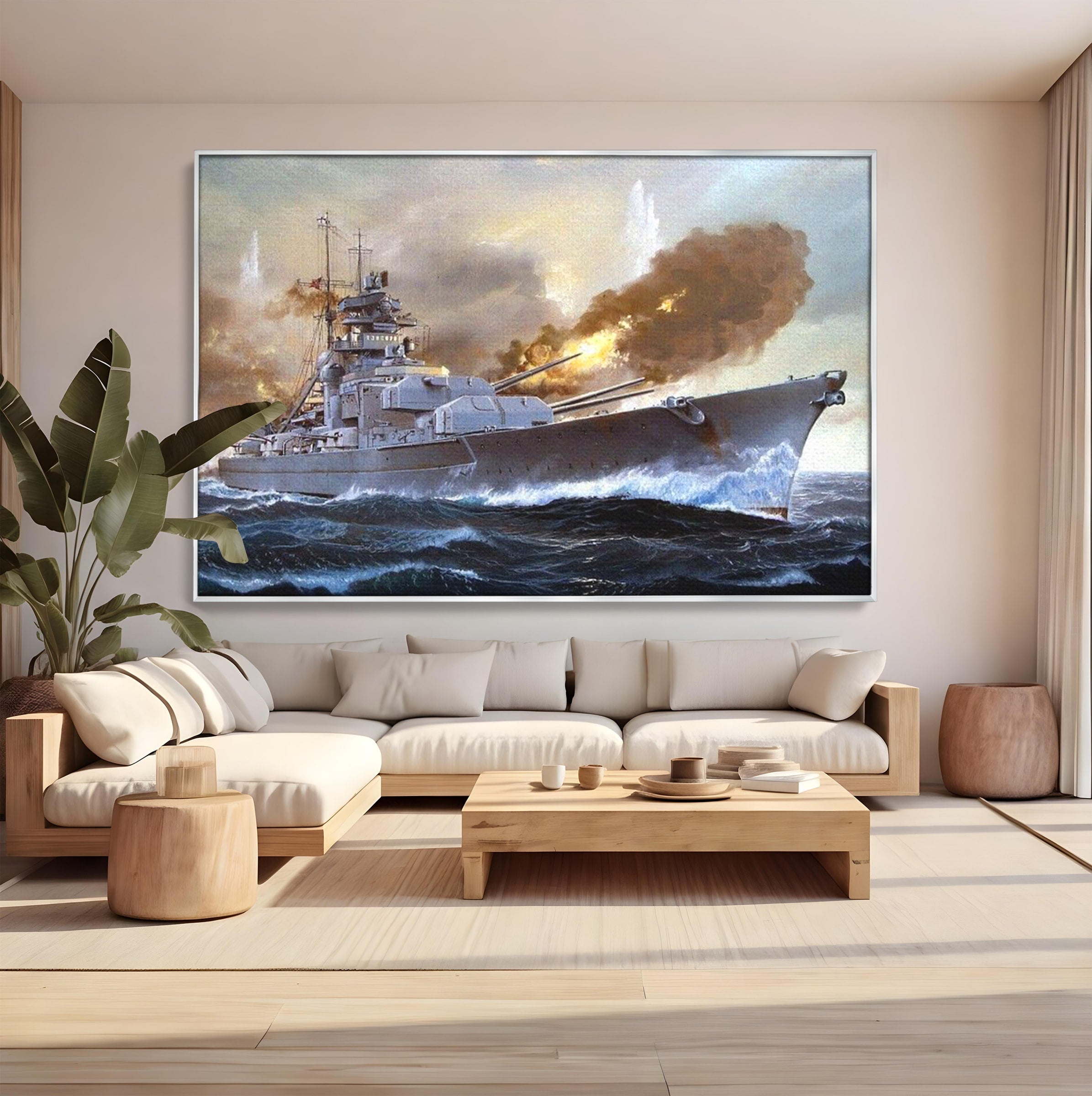 Tablou Canvas Premium LuxCanva® PI1183, Vas De Razboi In Actiune, Bismarck, Marina, Istoric, Mare, Germania, Living, Birou, Culori Vibrante
