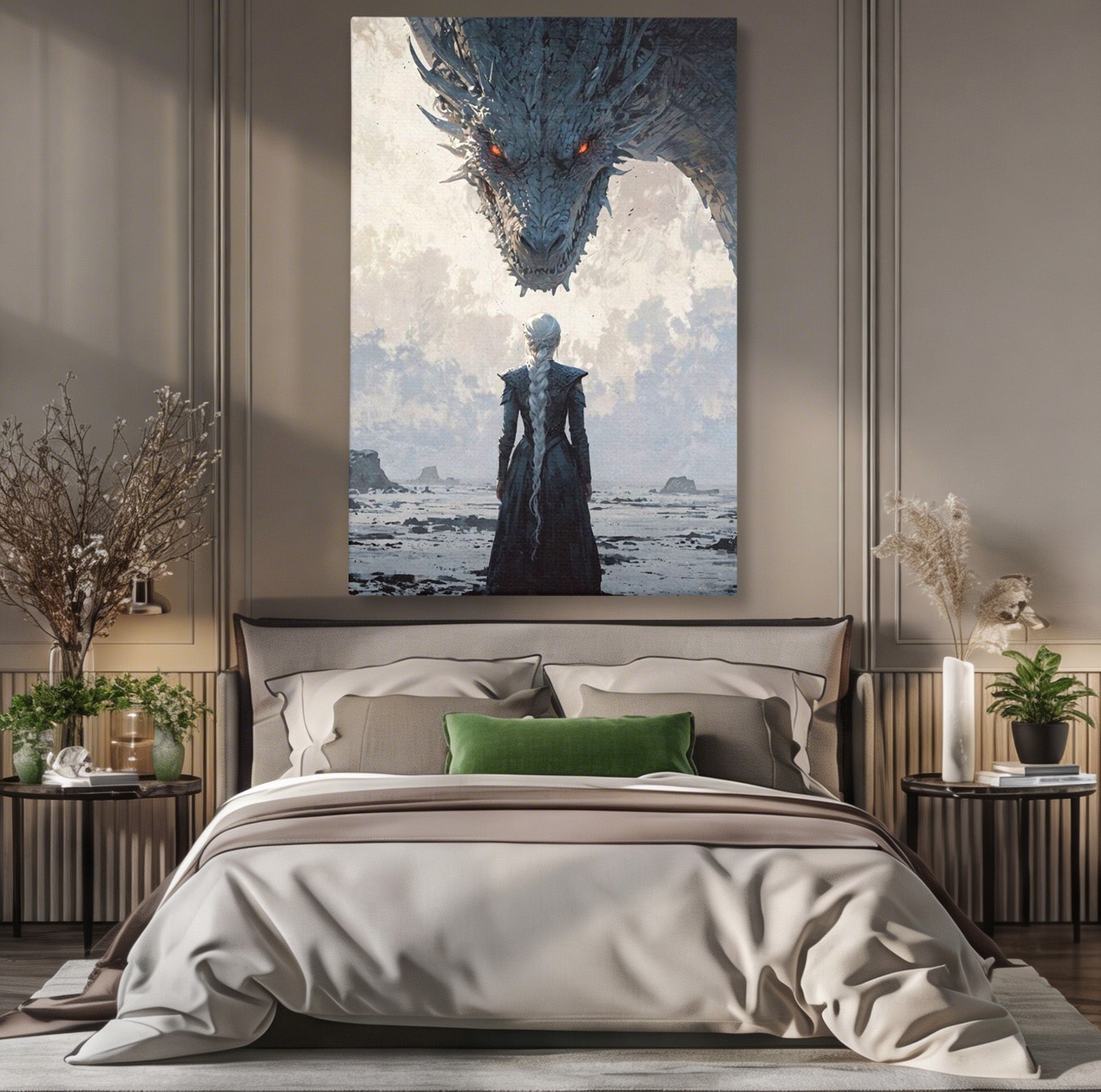 Tablou Canvas Premium LuxCanva® PI1186, Intalnire Cu Dragonul, Daenerys, Targaryen, Foc, Putere, Mama, Living, Culori Vibrante