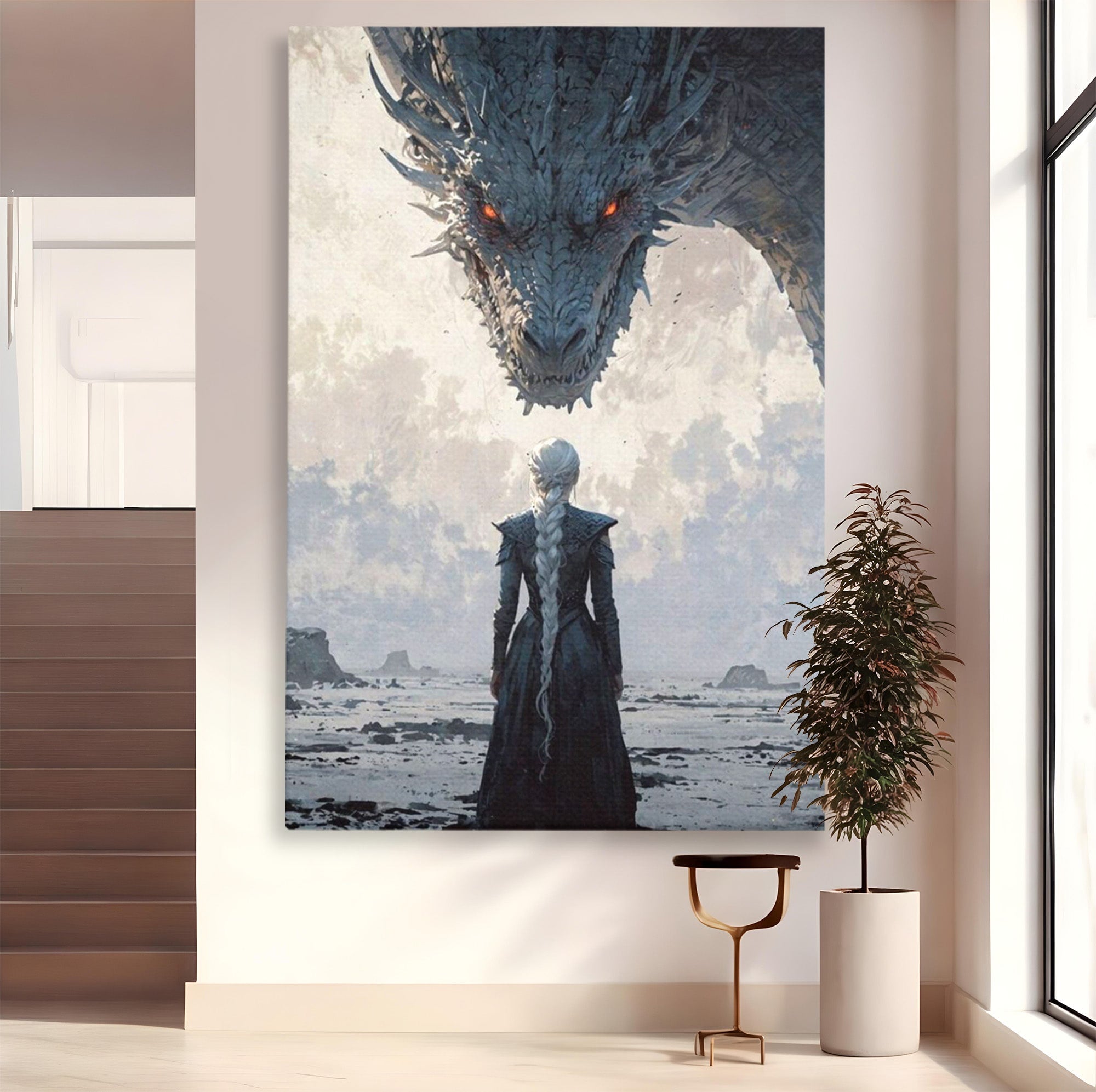 Tablou Canvas Premium LuxCanva® PI1186, Intalnire Cu Dragonul, Daenerys, Targaryen, Foc, Putere, Mama, Living, Culori Vibrante