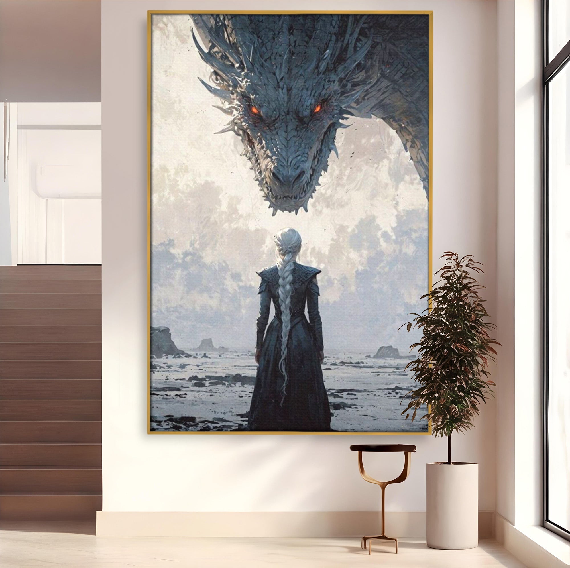 Tablou Canvas Premium LuxCanva® PI1186, Intalnire Cu Dragonul, Daenerys, Targaryen, Foc, Putere, Mama, Living, Culori Vibrante