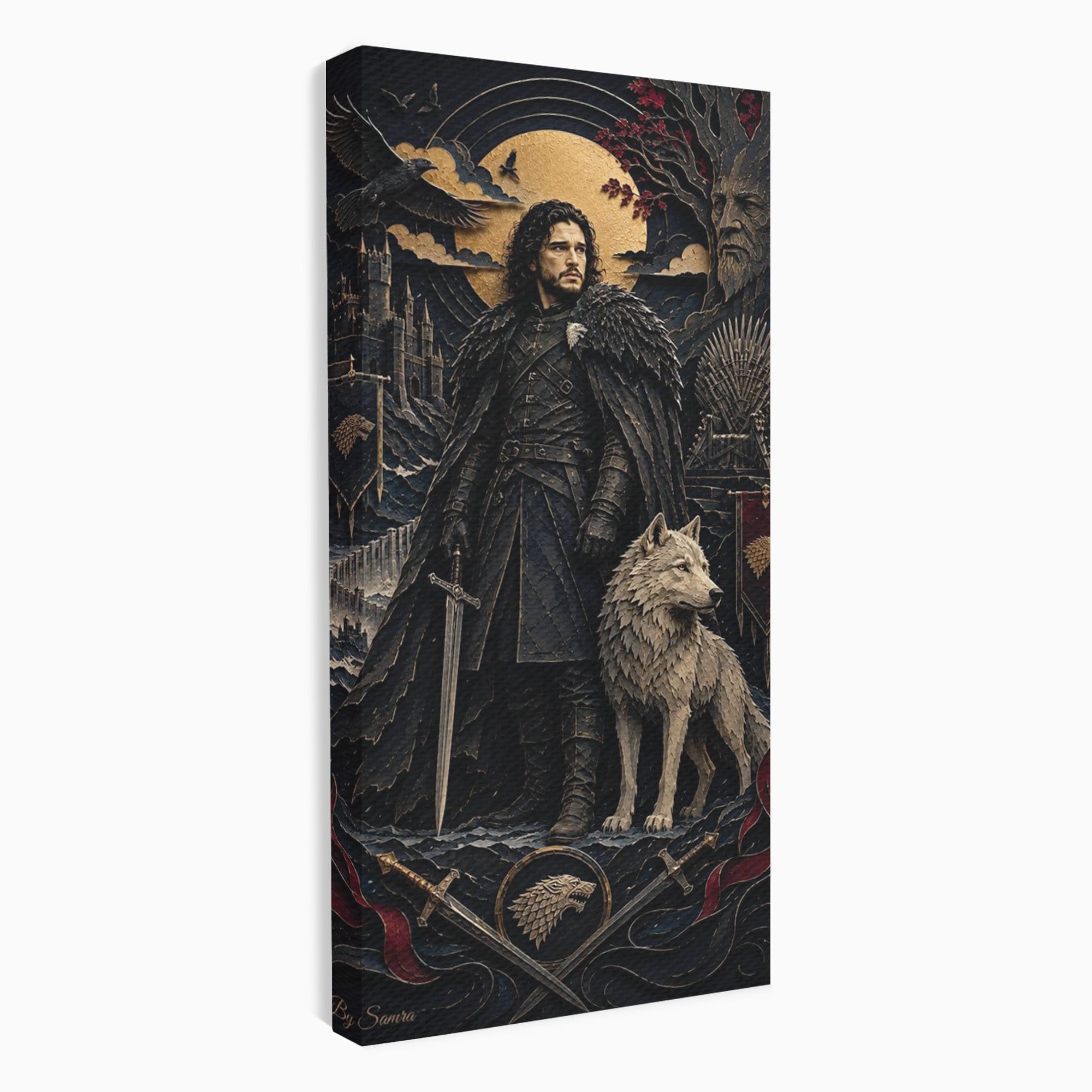 Tablou Canvas Premium LuxCanva® PI1187, Lordul Nordului, Jon Snow, Lup, Alb, Fantezie, Stark, Living, Culori Vibrante