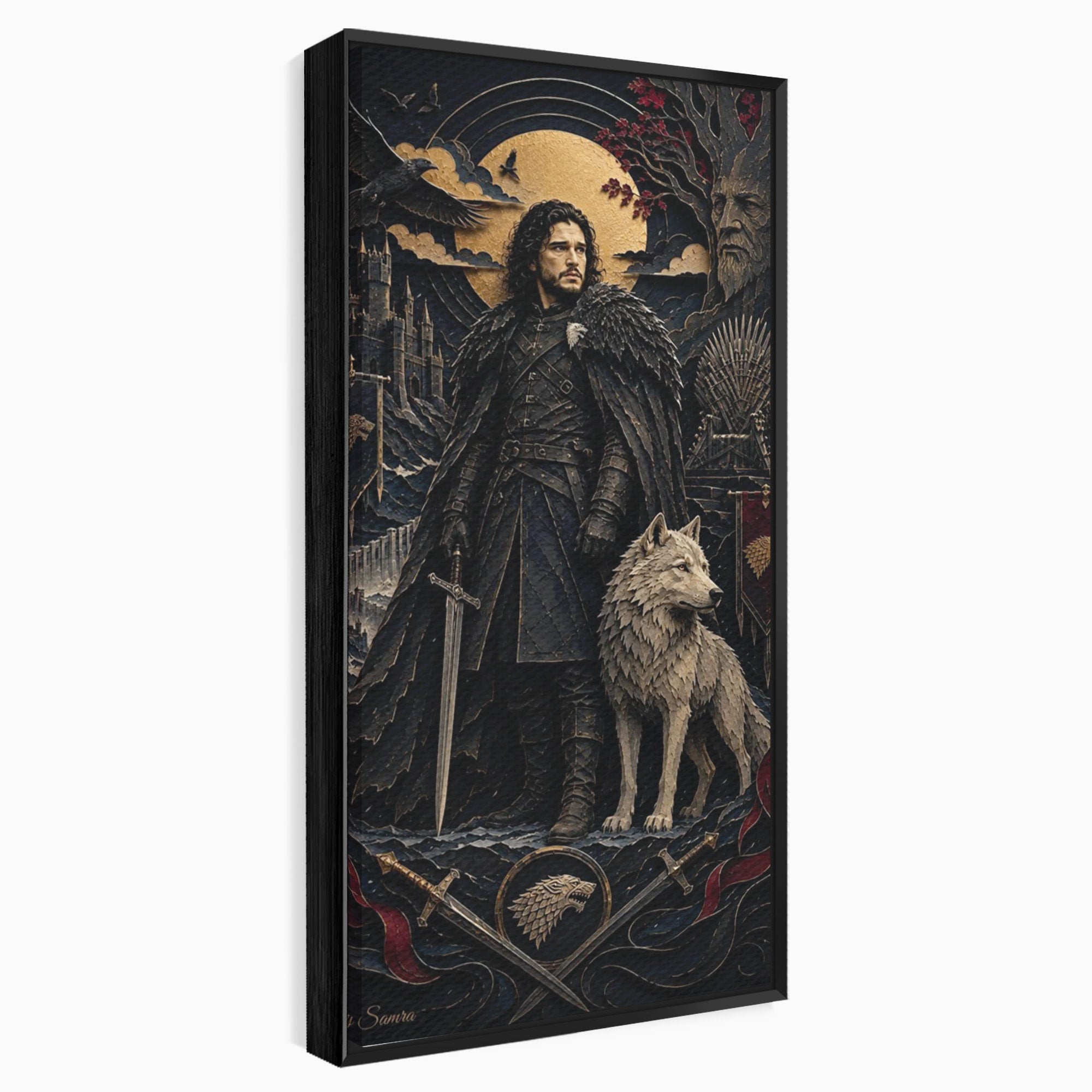 Tablou Canvas Premium LuxCanva® PI1187, Lordul Nordului, Jon Snow, Lup, Alb, Fantezie, Stark, Living, Culori Vibrante