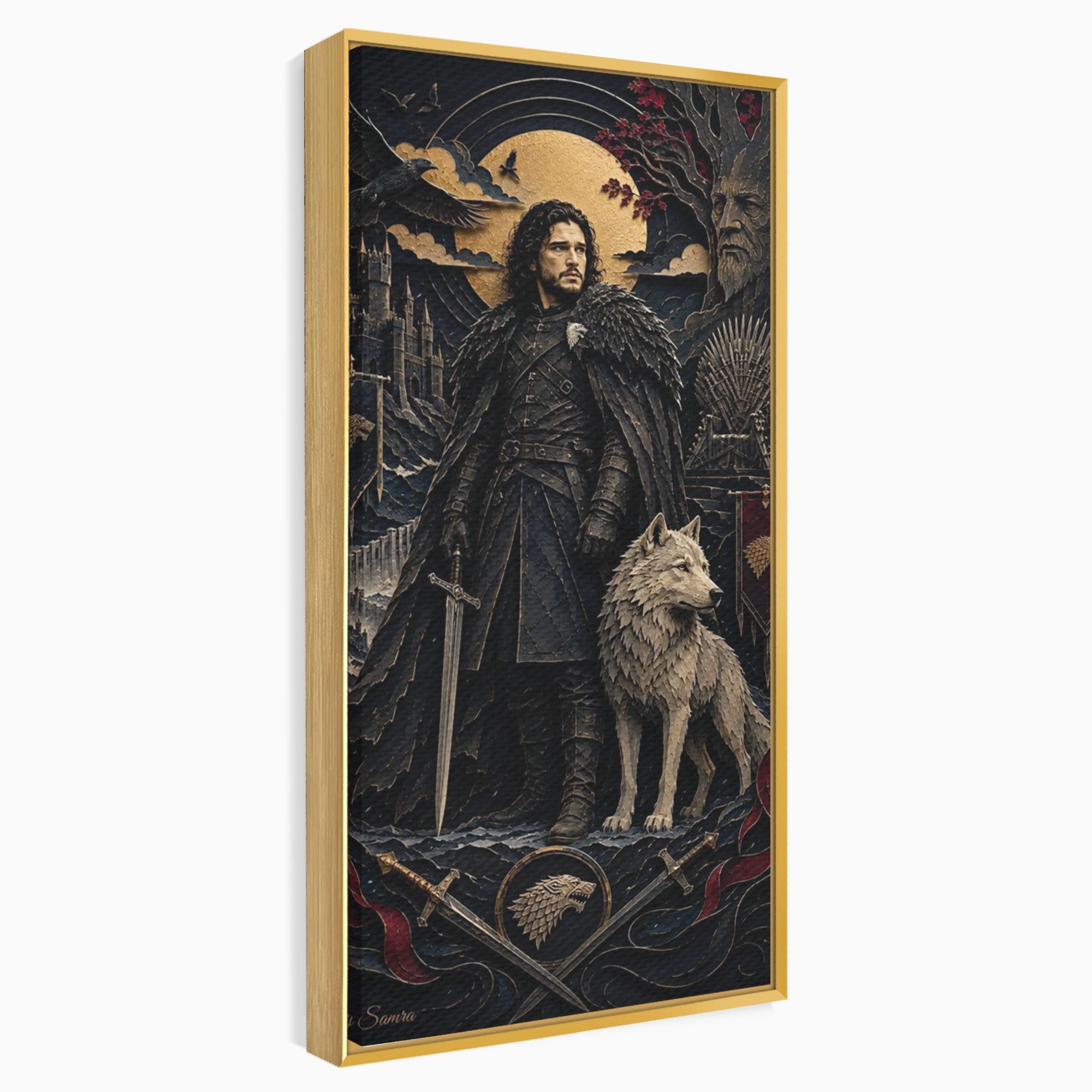 Tablou Canvas Premium LuxCanva® PI1187, Lordul Nordului, Jon Snow, Lup, Alb, Fantezie, Stark, Living, Culori Vibrante