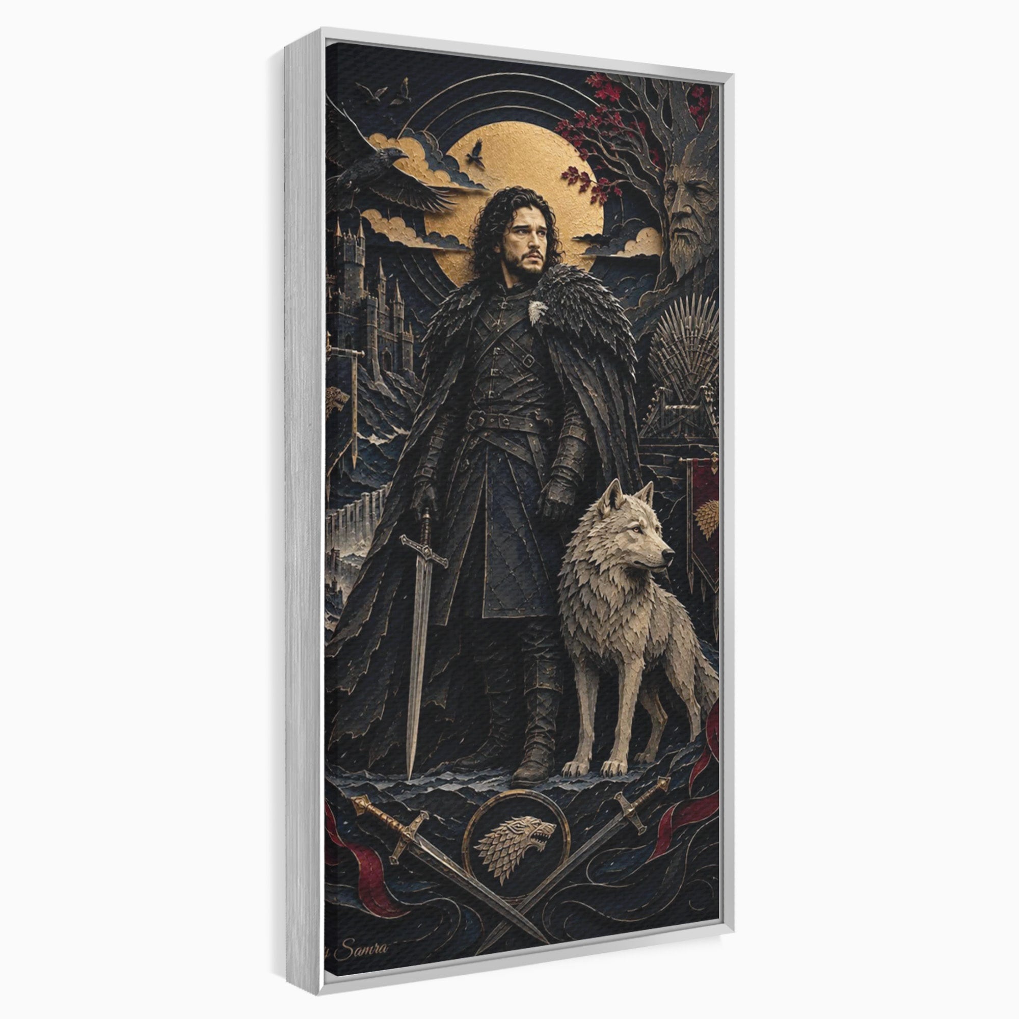 Tablou Canvas Premium LuxCanva® PI1187, Lordul Nordului, Jon Snow, Lup, Alb, Fantezie, Stark, Living, Culori Vibrante