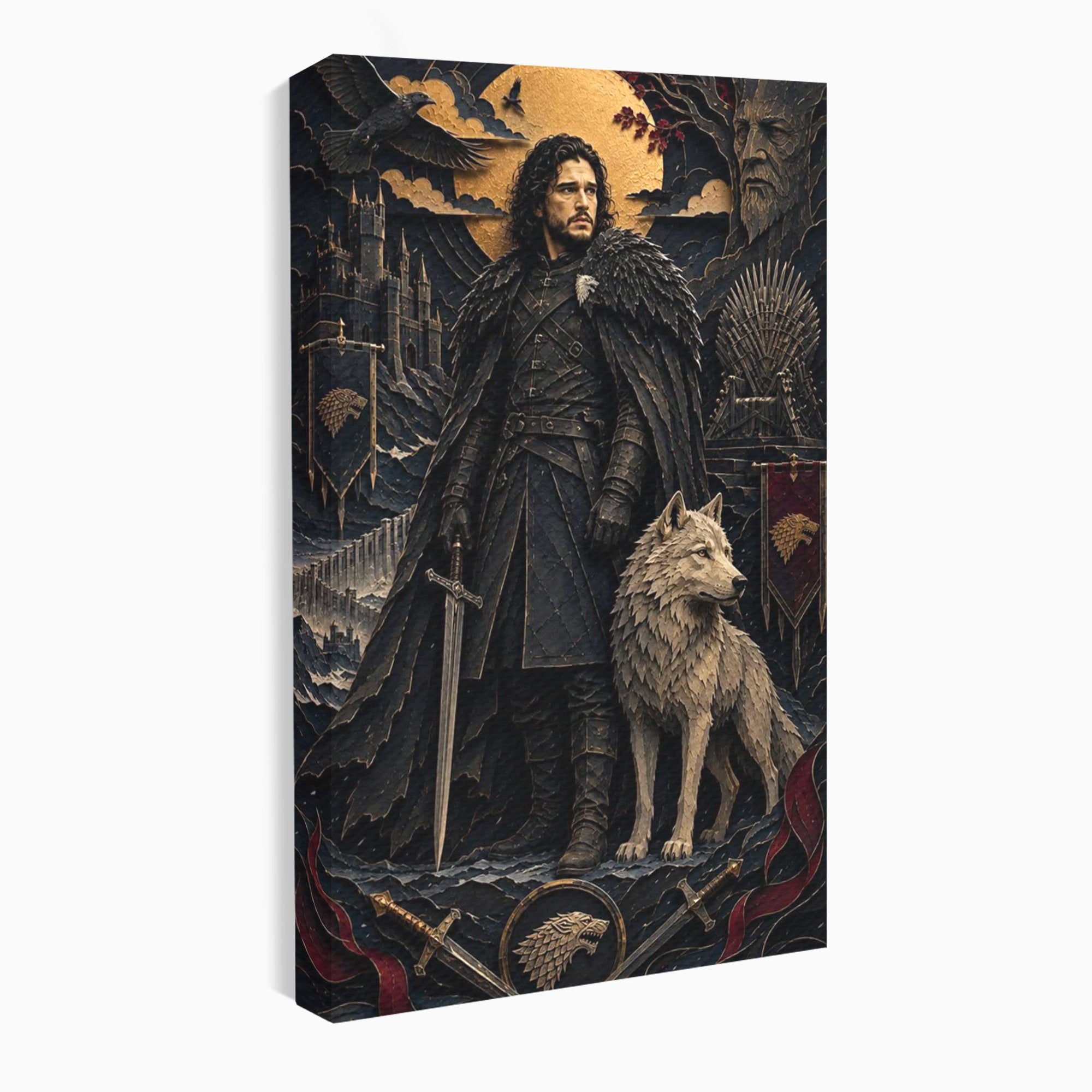 Tablou Canvas Premium LuxCanva® PI1187, Lordul Nordului, Jon Snow, Lup, Alb, Fantezie, Stark, Living, Culori Vibrante