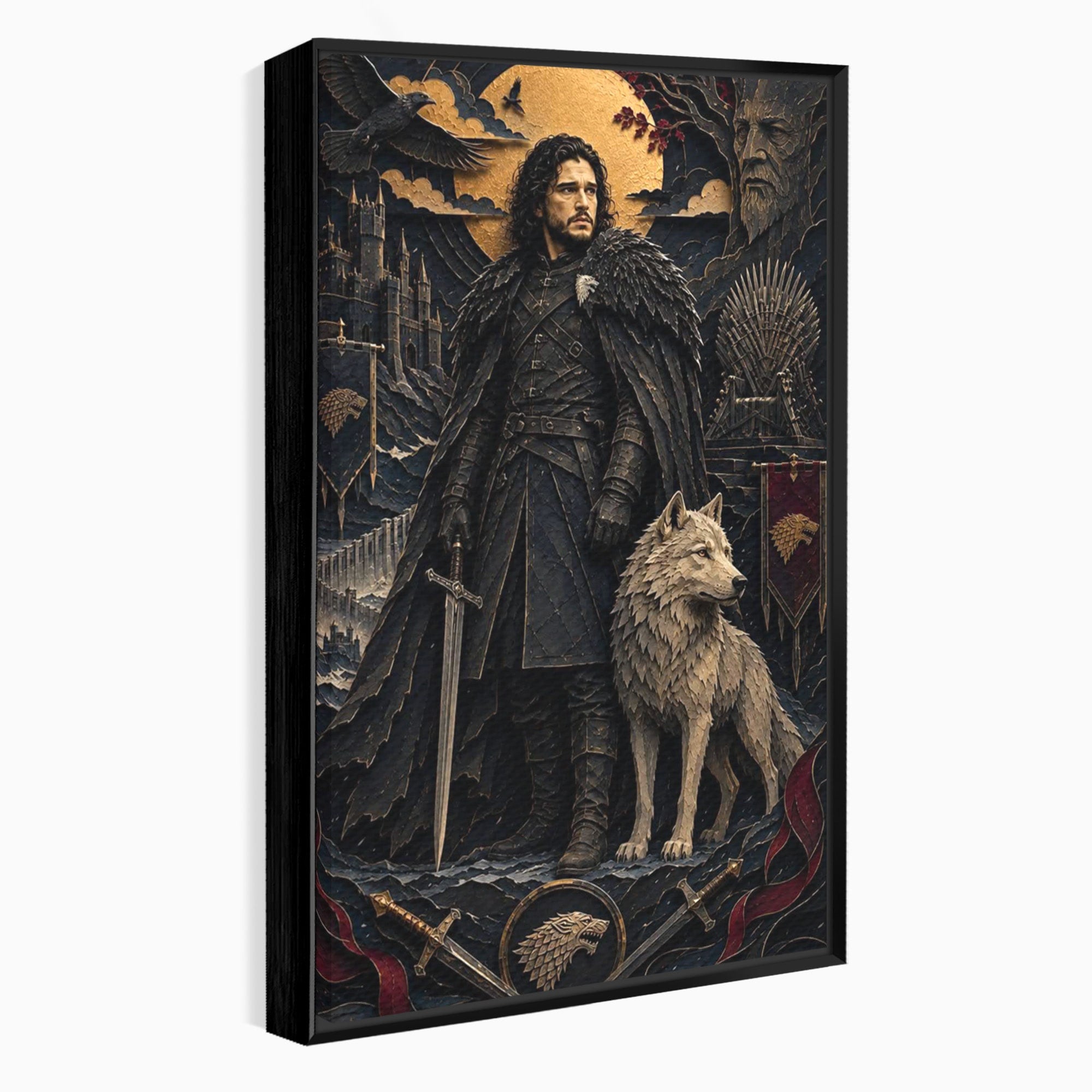 Tablou Canvas Premium LuxCanva® PI1187, Lordul Nordului, Jon Snow, Lup, Alb, Fantezie, Stark, Living, Culori Vibrante